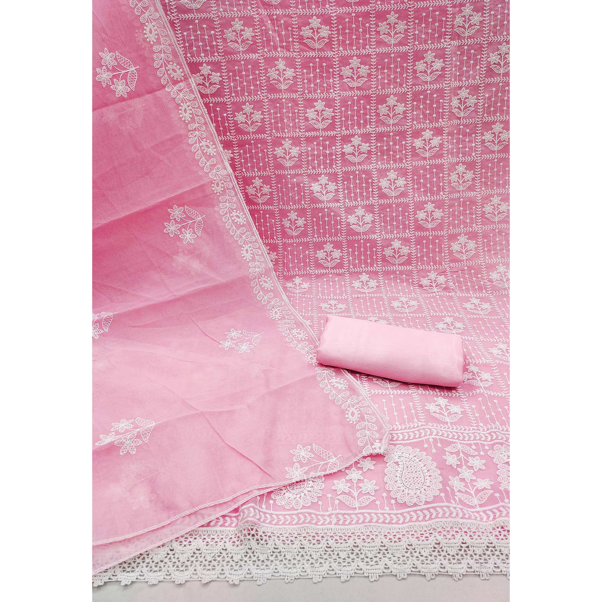 Light Pink Floral Embroidered Chanderi Cotton Dress Material