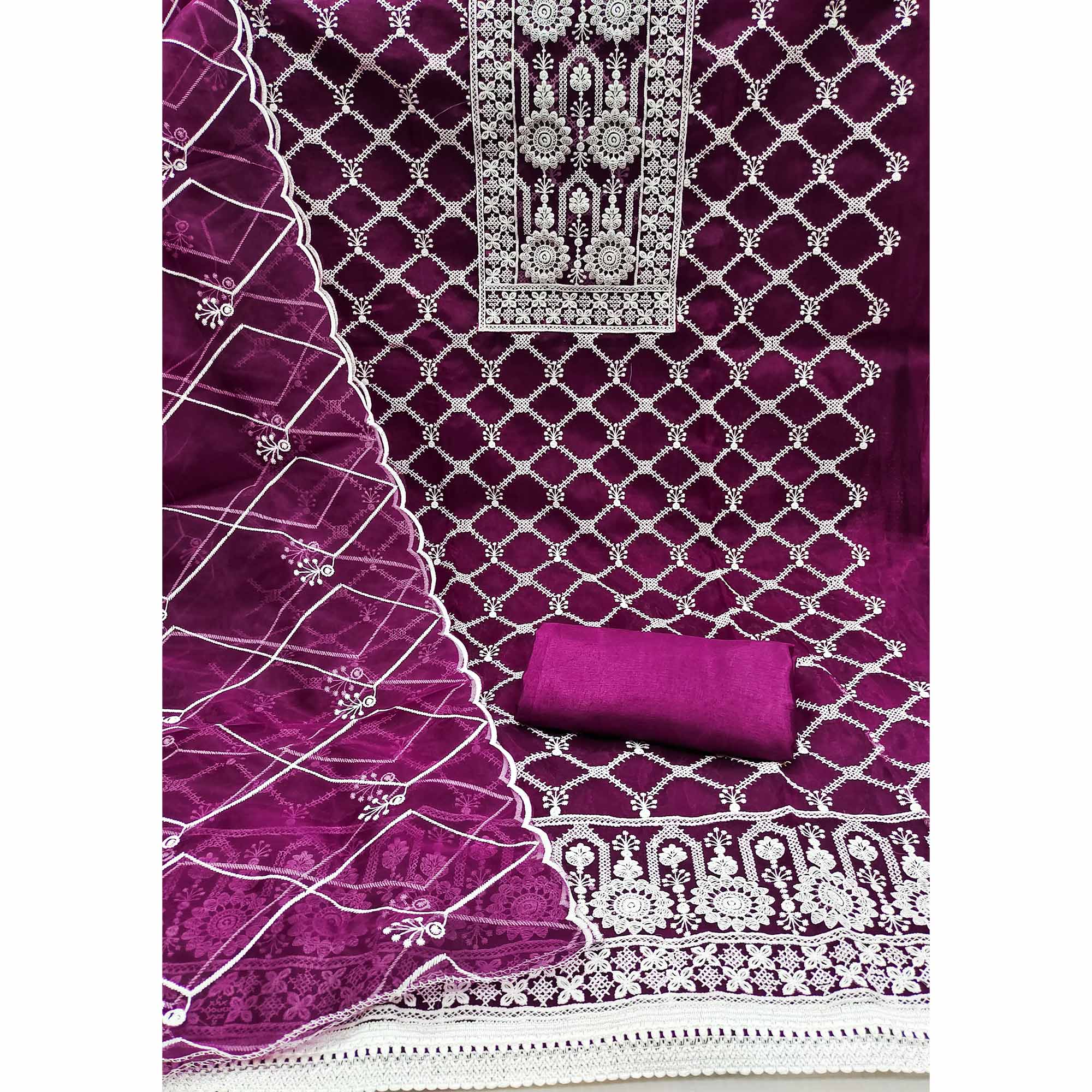 Wine Floral Embroidered Organza Dress Material