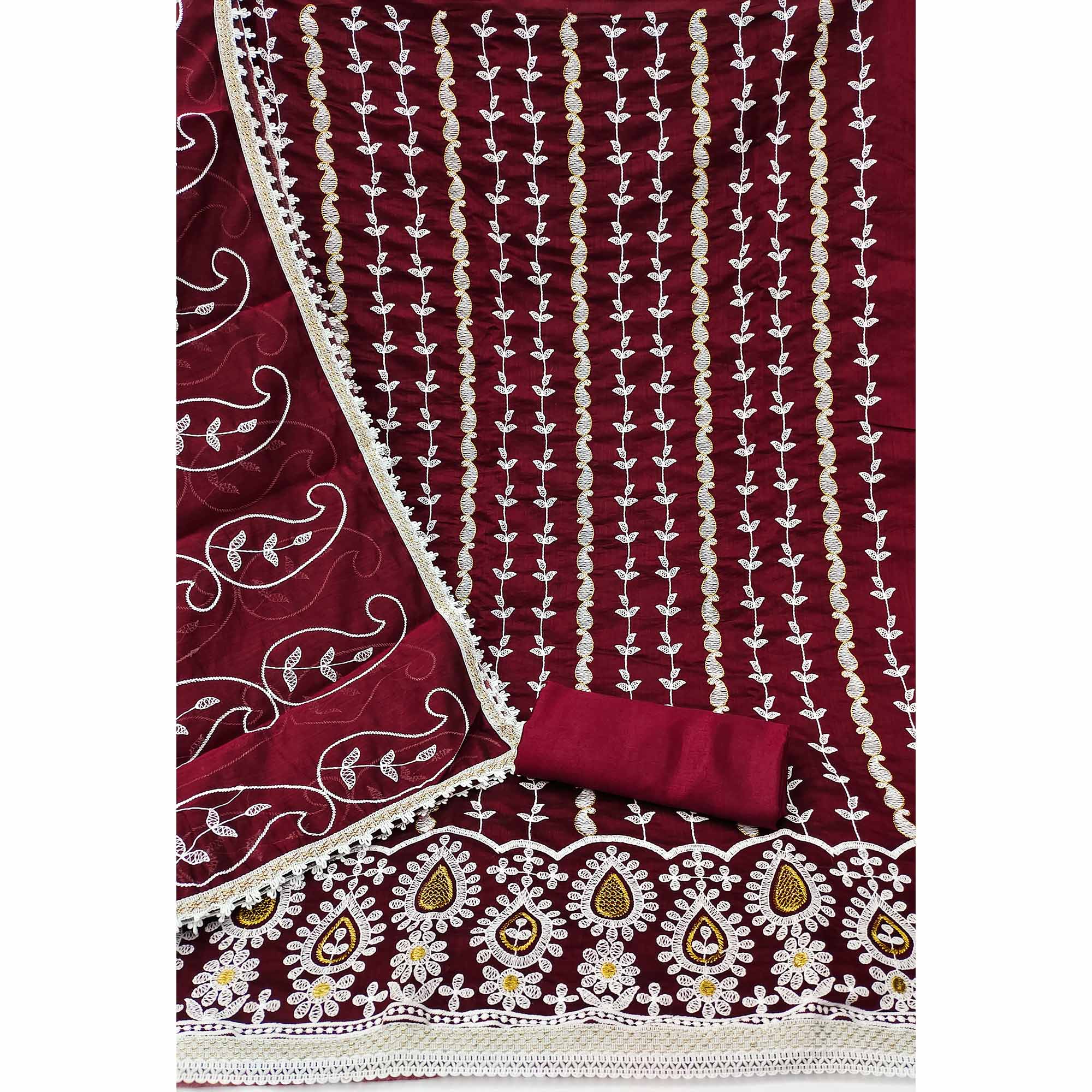 Maroon Floral Embroidered Chanderi Cotton Dress Material