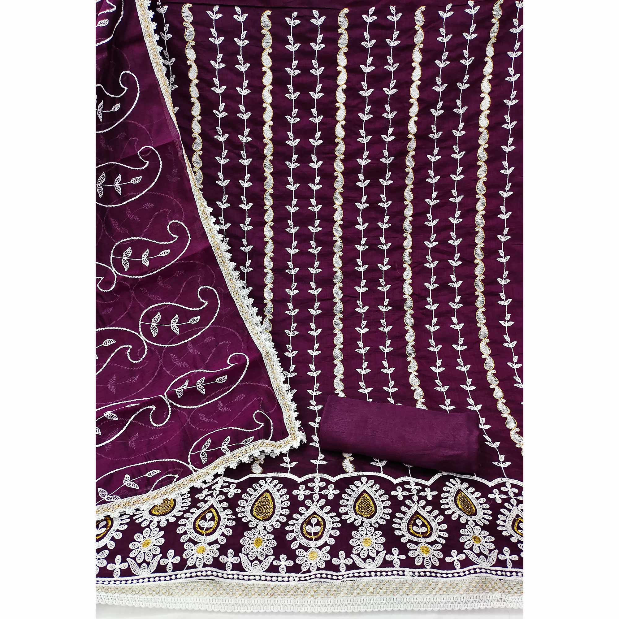Wine Floral Embroidered Chanderi Cotton Dress Material