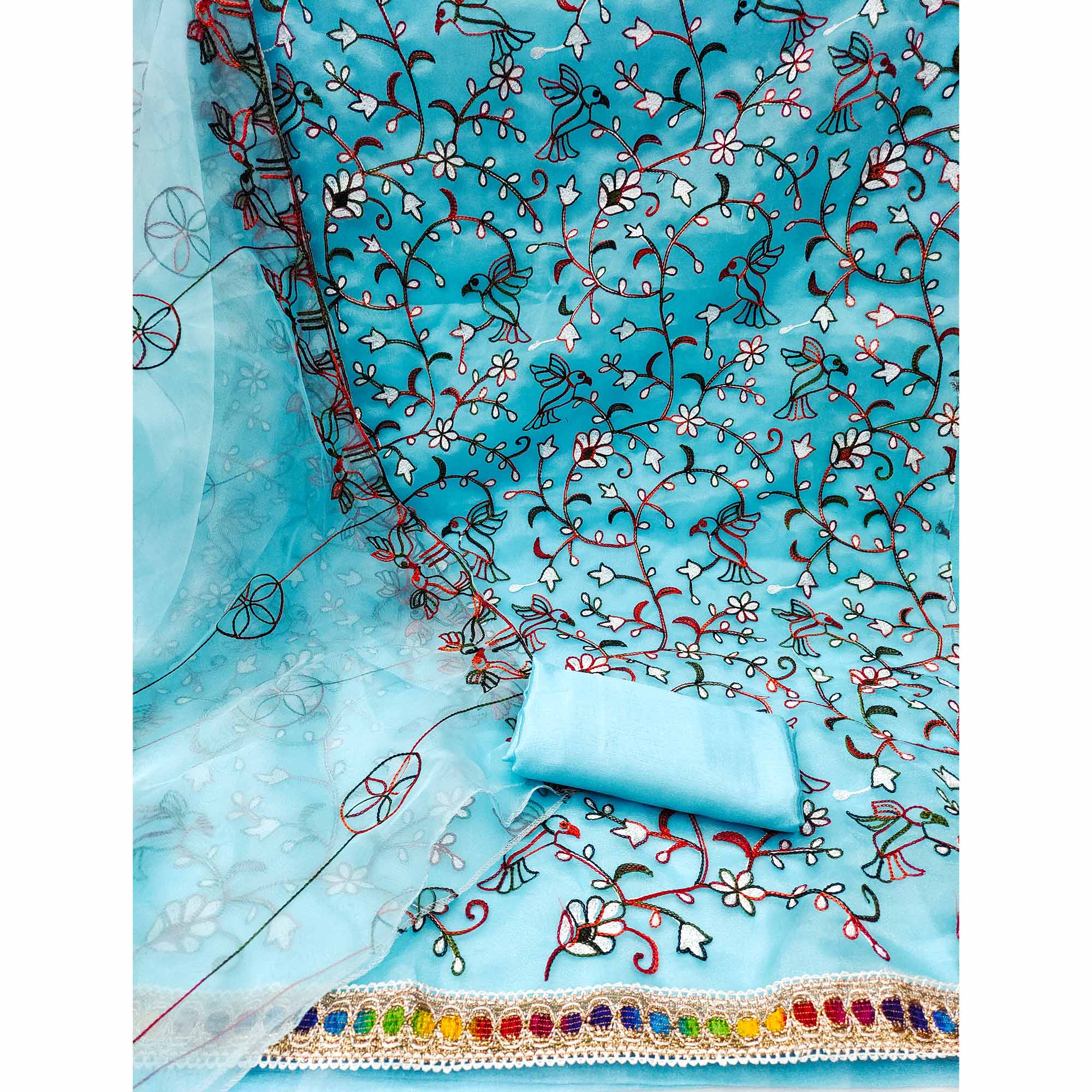Blue Floral Embroidered Organza Dress Material