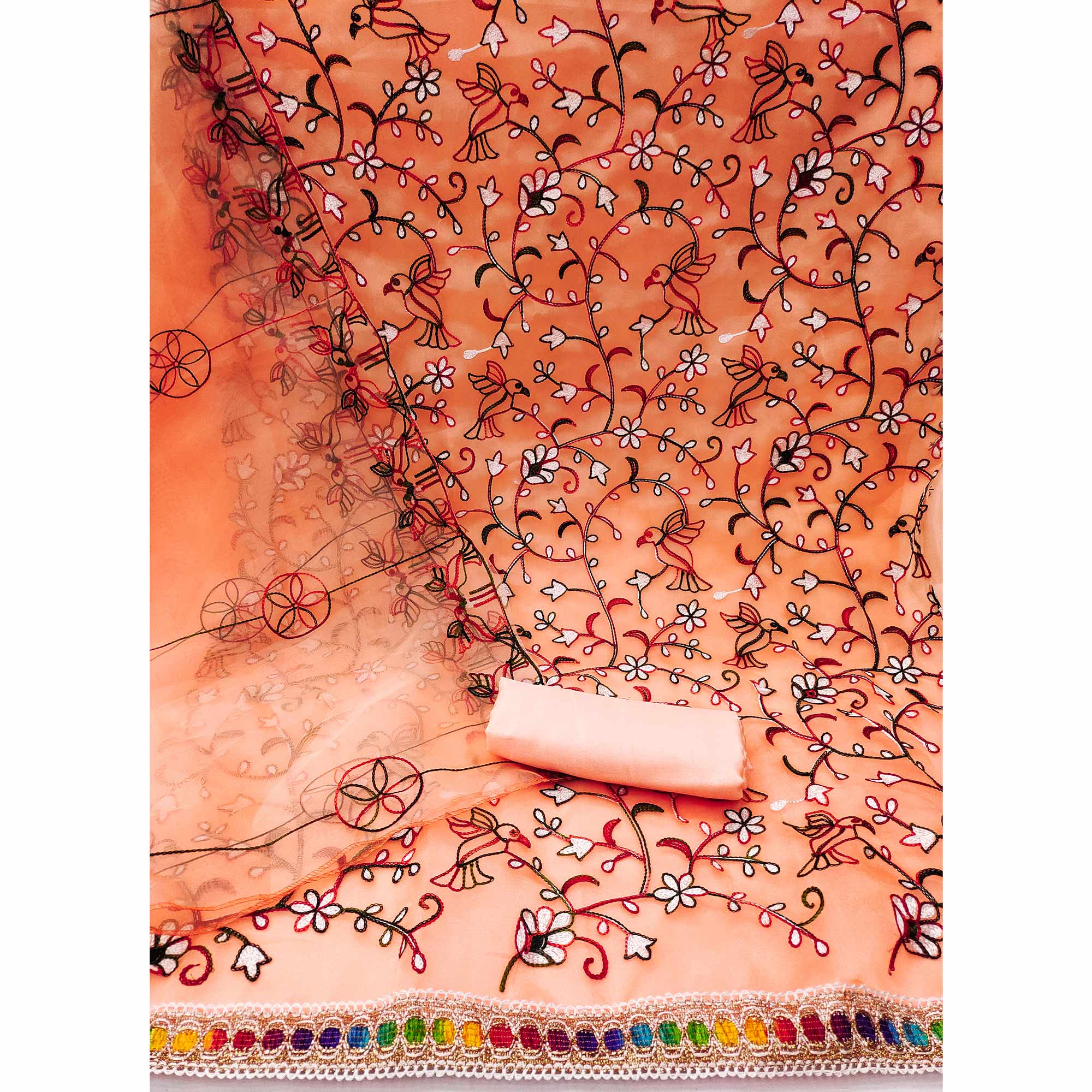 Peach Floral Embroidered Organza Dress Material