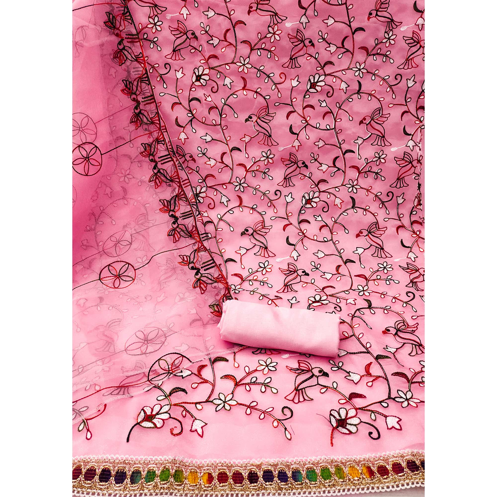 Pink Floral Embroidered Organza Dress Material