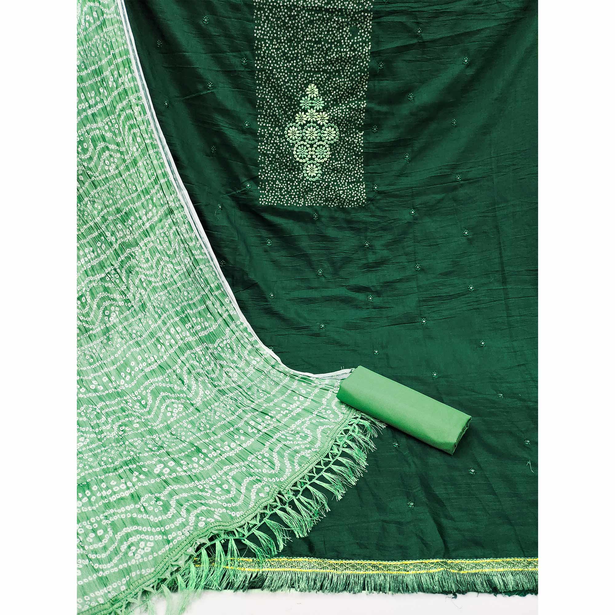 Green Floral Embroidered Cotton Blend Dress Material Adorned With Sparkling Sequins Work