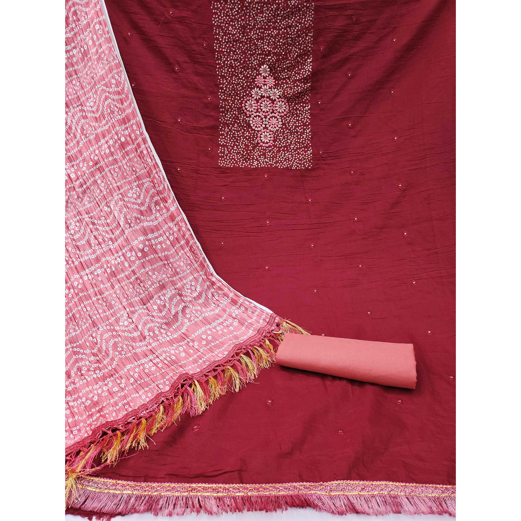 Maroon Floral Embroidered Cotton Blend Dress Material Adorned With Sparkling Sequins Work