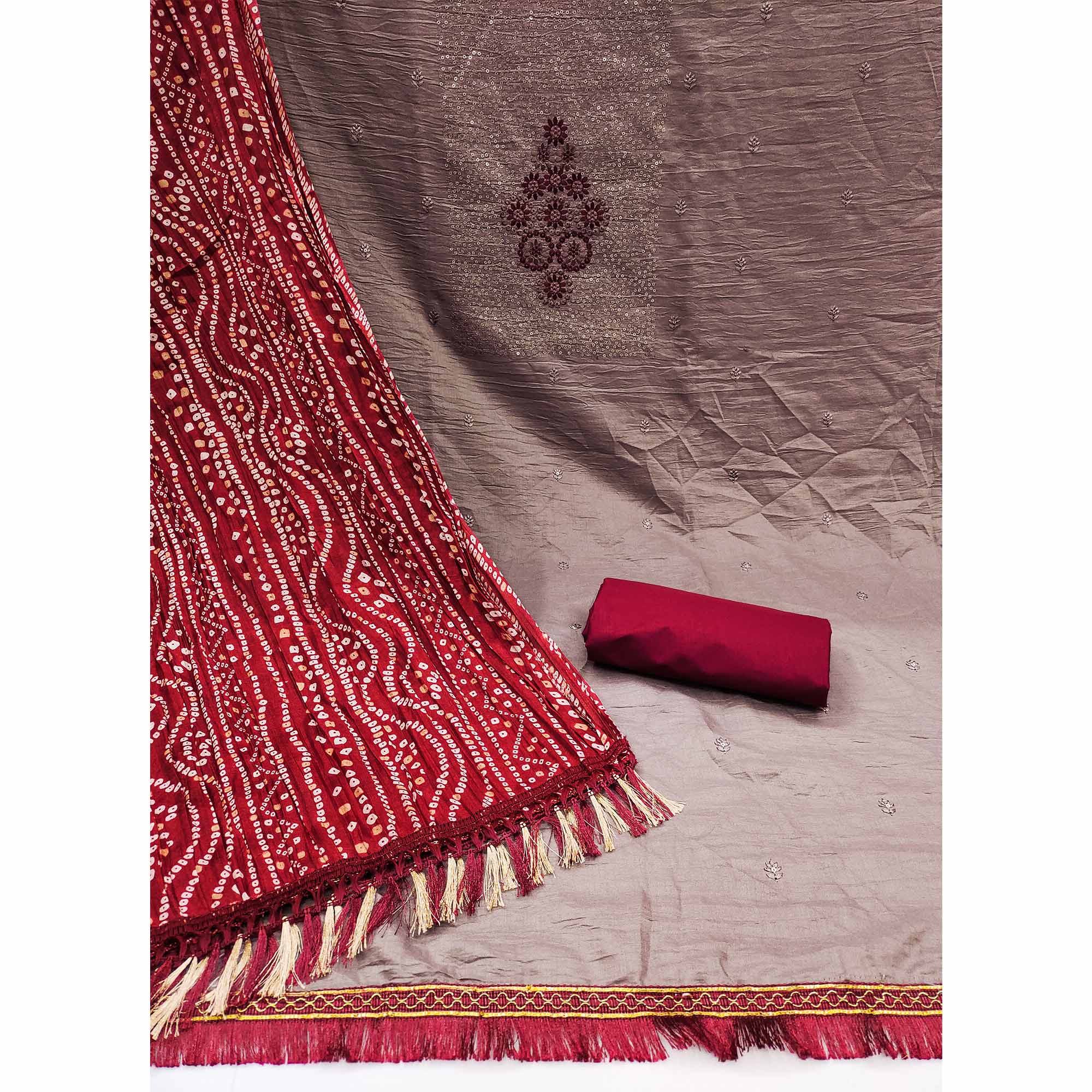 Mauve Floral Embroidered Cotton Blend Dress Material Adorned With Sparkling Sequins Work