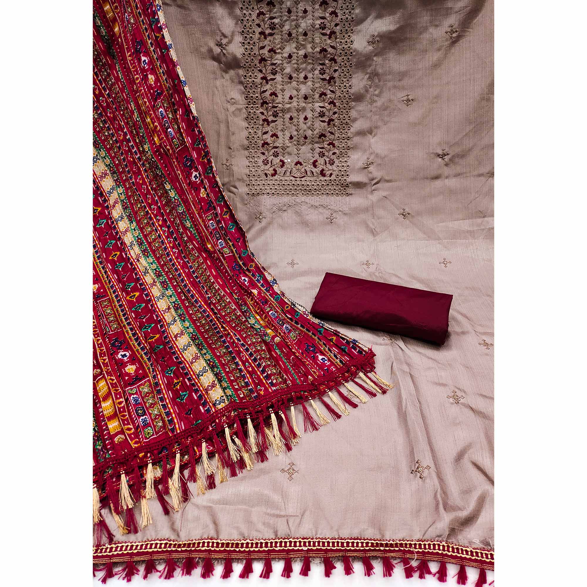 Beige Floral Sequins Embroidered Cotton Silk Dress Material