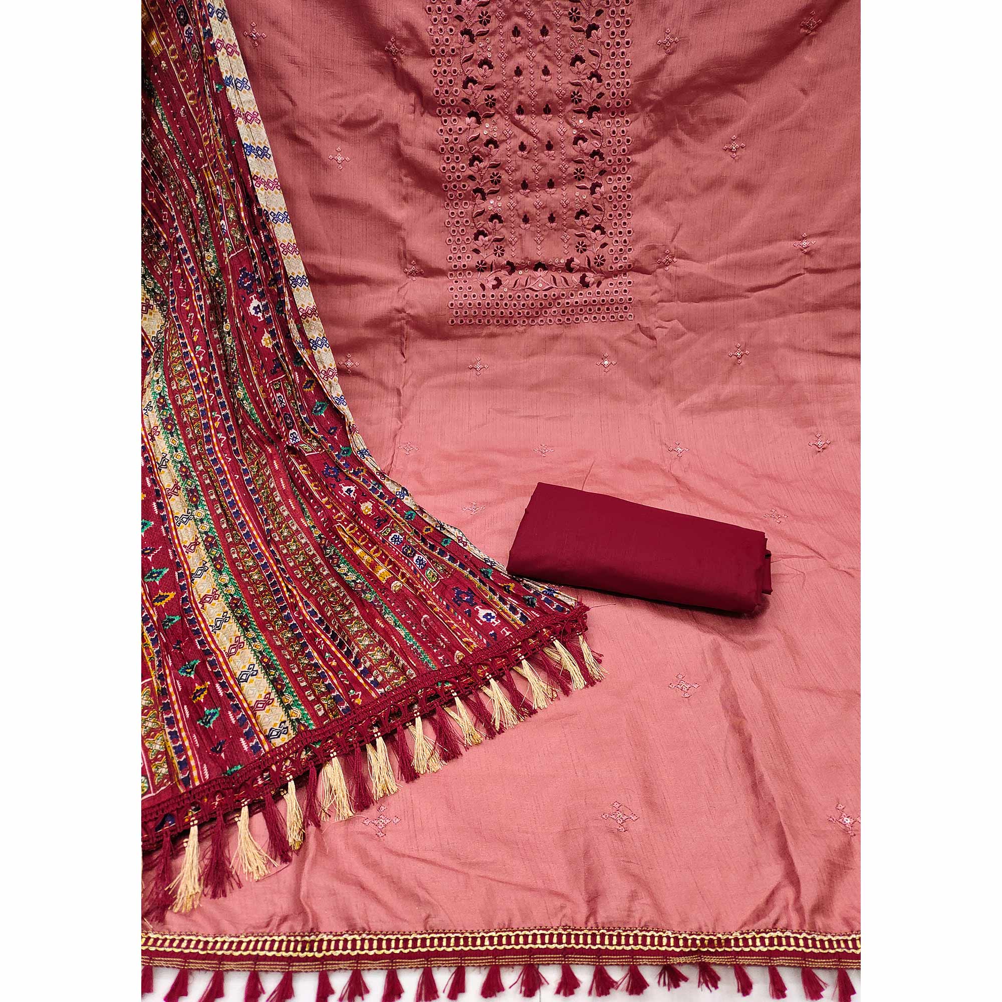 Gajari Pink Floral Sequins Embroidered Cotton Silk Dress Material