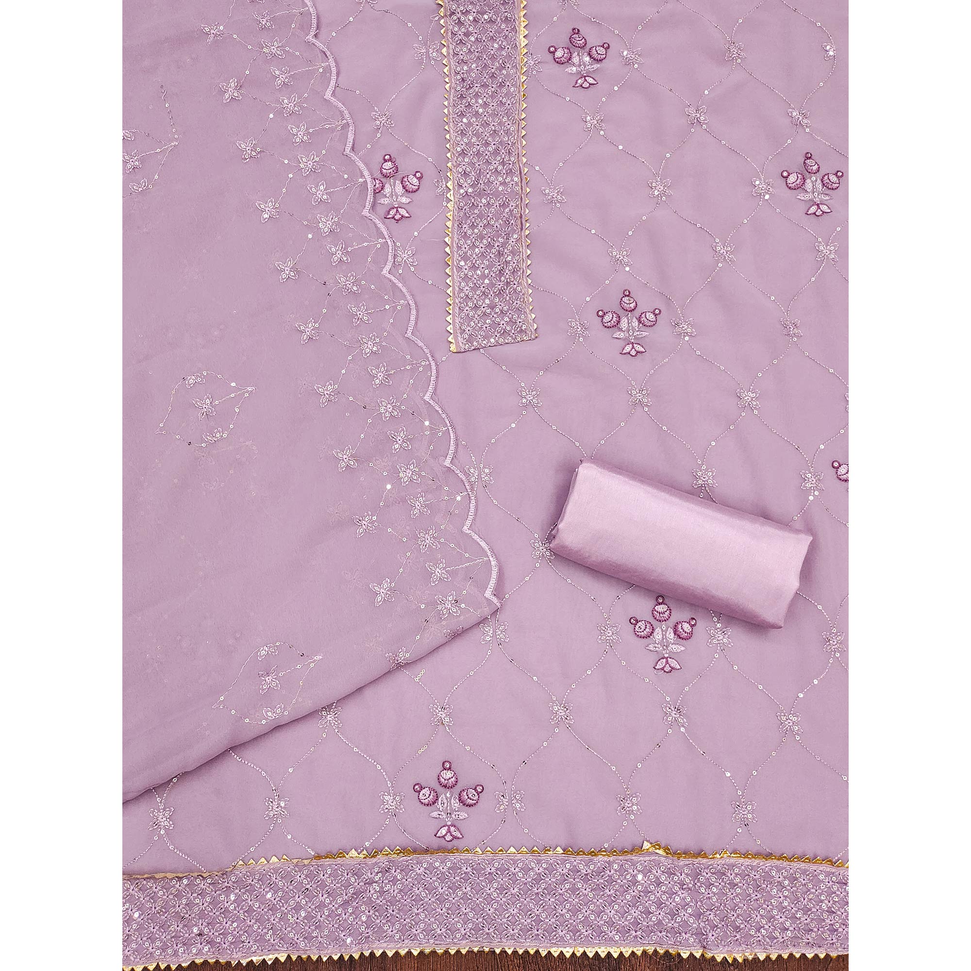 Light Lavender Floral Sequins Embroidered Georgette Dress Material