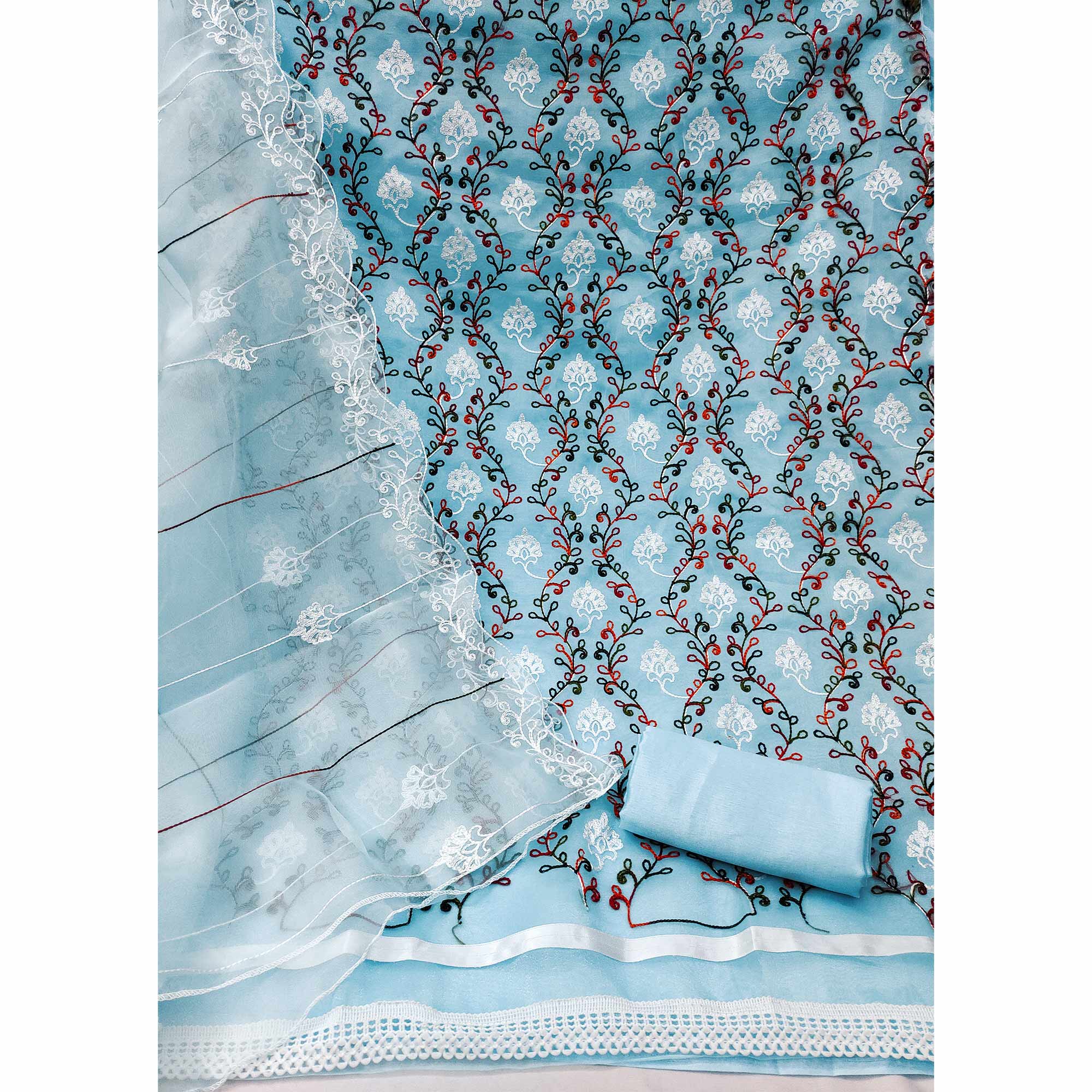 Elegant Blue Organza Dress Material Ensemble With Exquisite Floral Embroidery