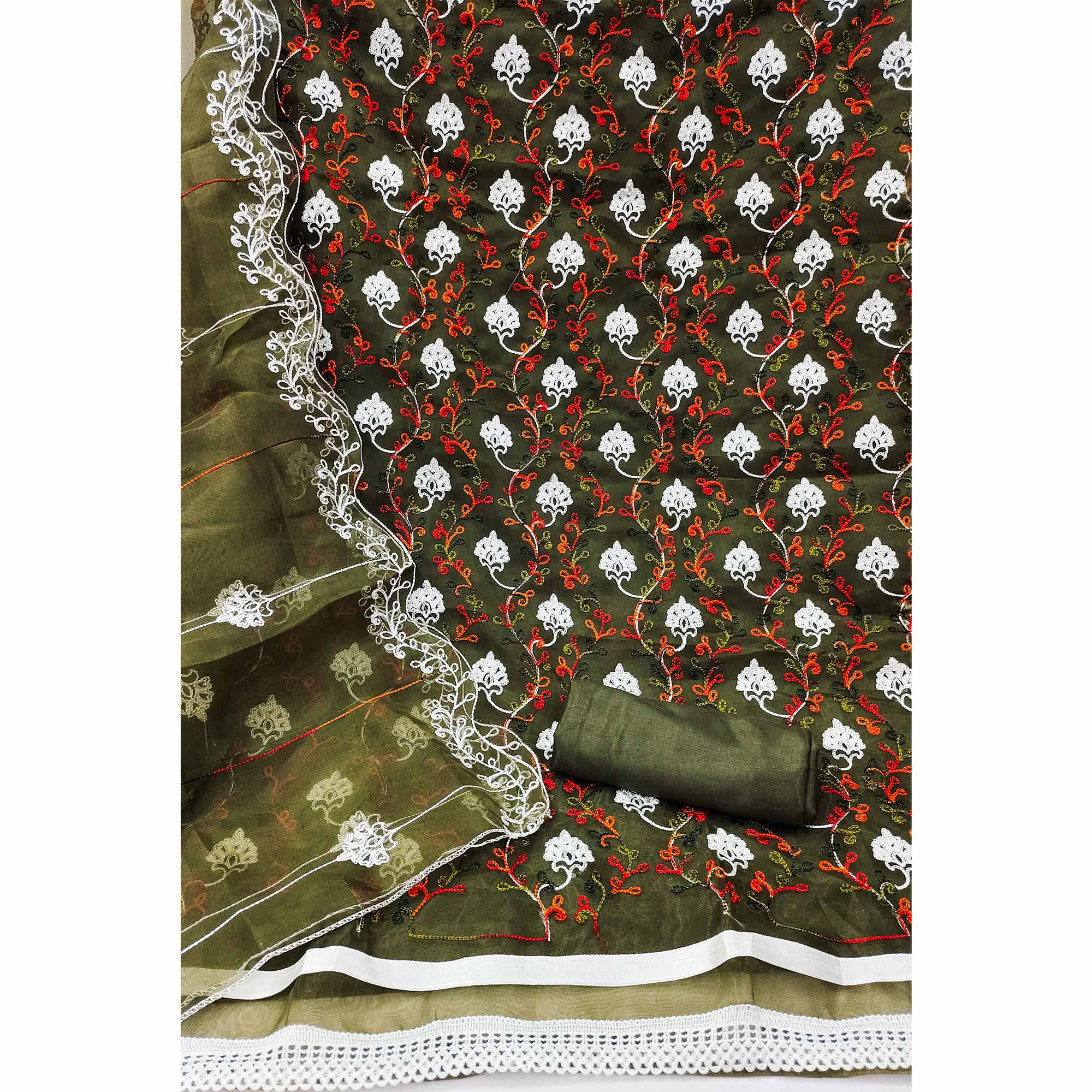 Elegant Mehendi Green Organza Dress Material Ensemble With Exquisite Floral Embroidery