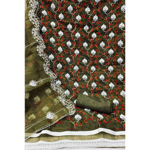 Elegant Mehendi Green Organza Dress Material Ensemble With Exquisite Floral Embroidery