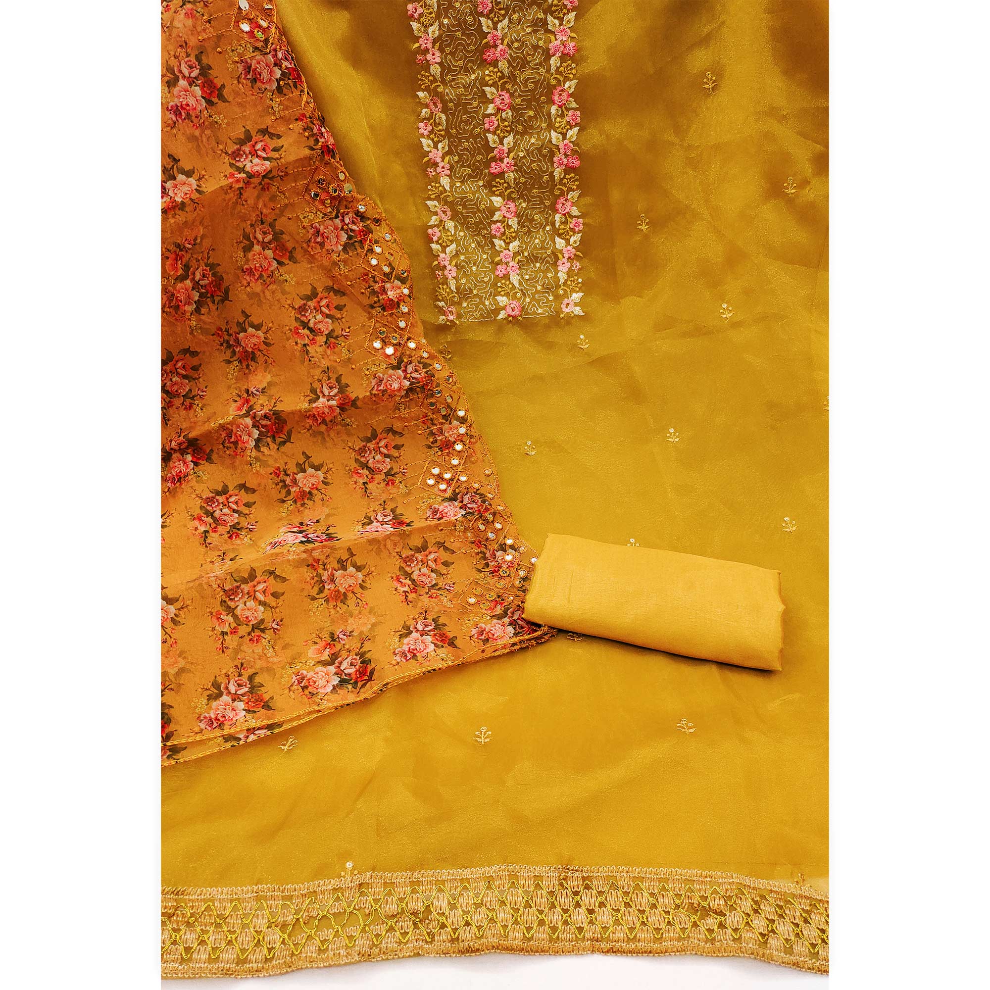 Mustard Organza Dress Material With Glimmering Floral Sequins Embroidery