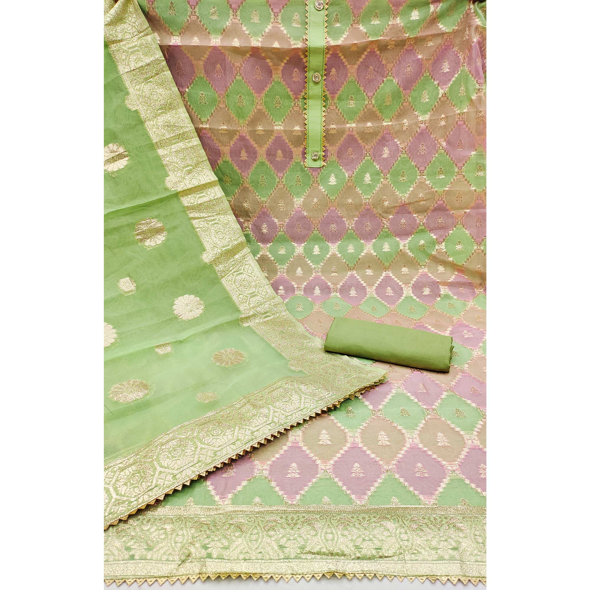 Rich Green Organza Dress Material With Intricate Zari Weaving Work