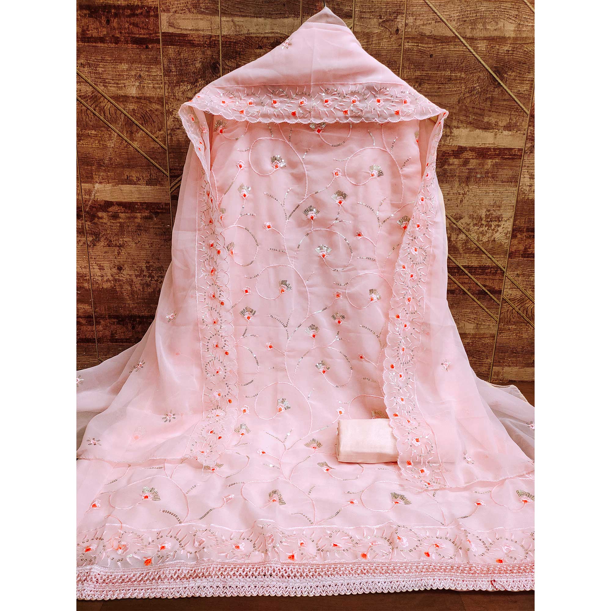 Pink Floral Sequins Embroidered Georgette Dress Material