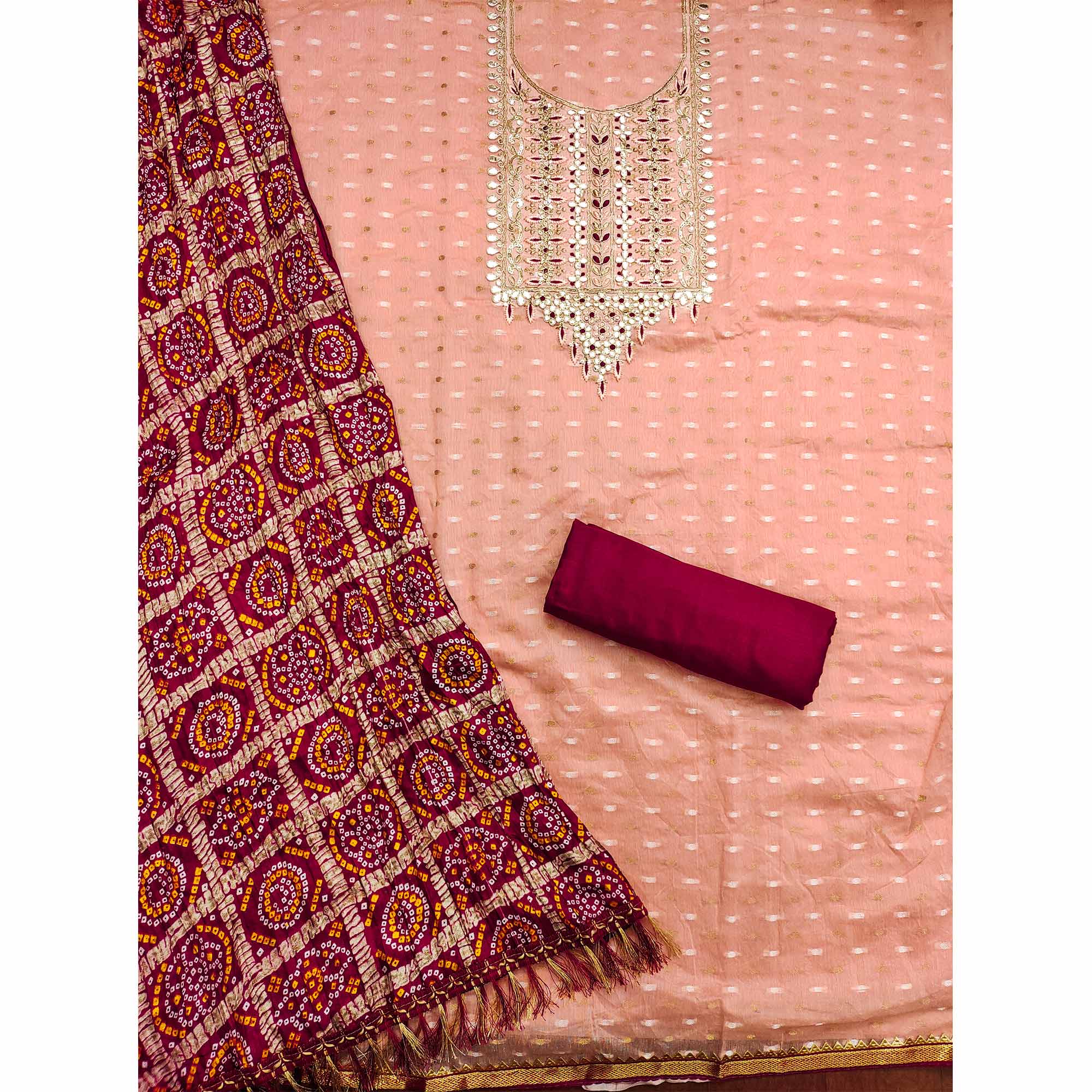 Peach Woven With Gota Work Jacquard Dress Material