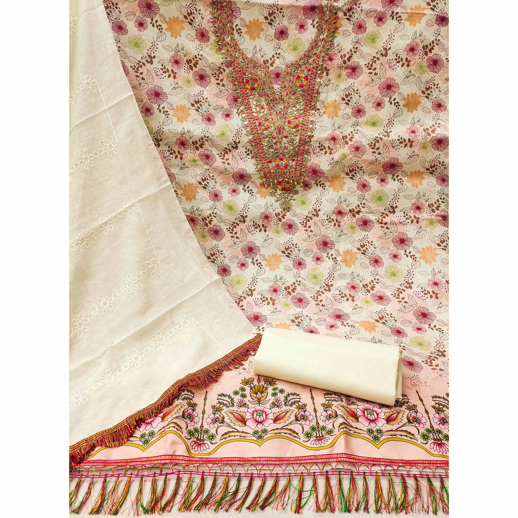 Cream Dress Material With Floral Digital Print & Subtle Sequins Embroidery Work