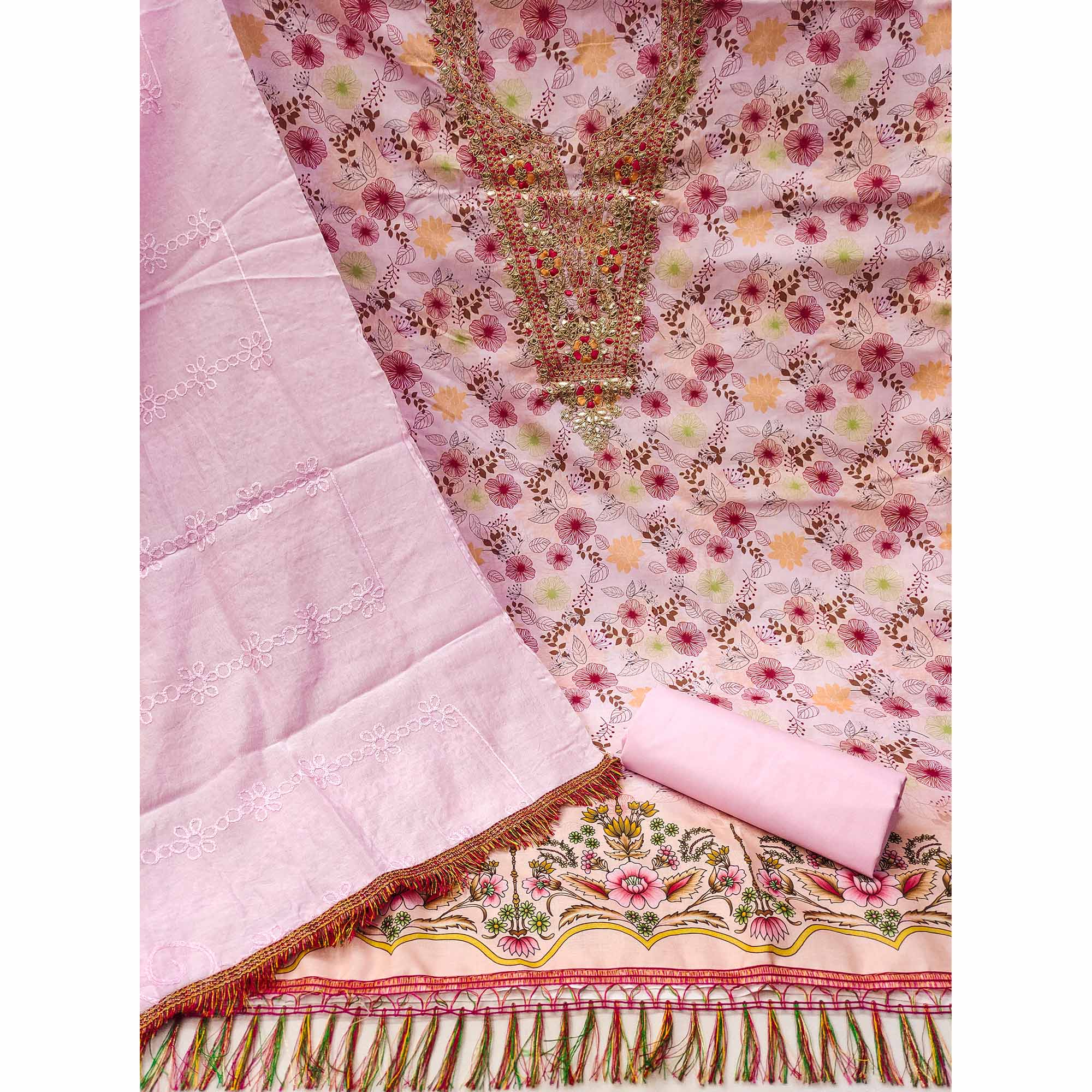 Pink Dress Material With Floral Digital Print & Subtle Sequins Embroidery Work