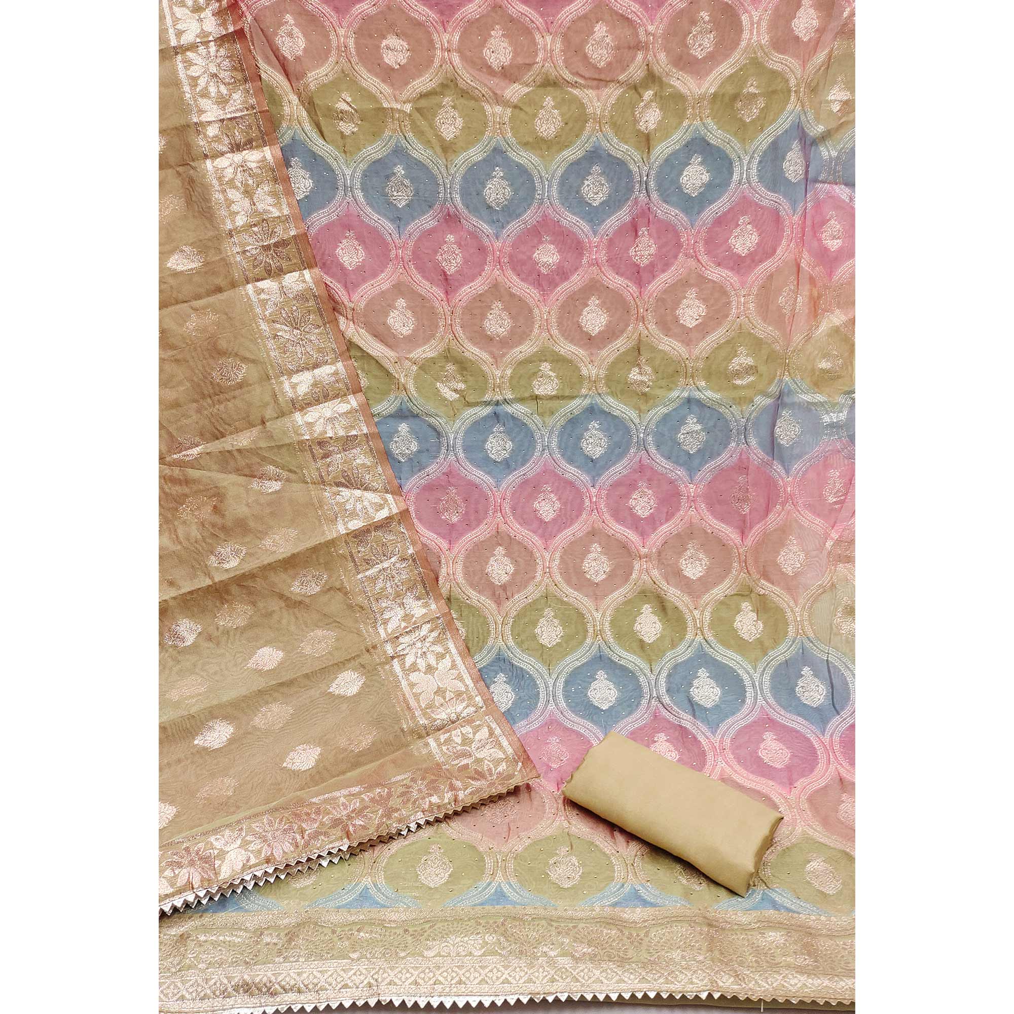 Chikoo Organza Banarasi Silk Dress Material With Zari & Sparkling Stone Embellishments