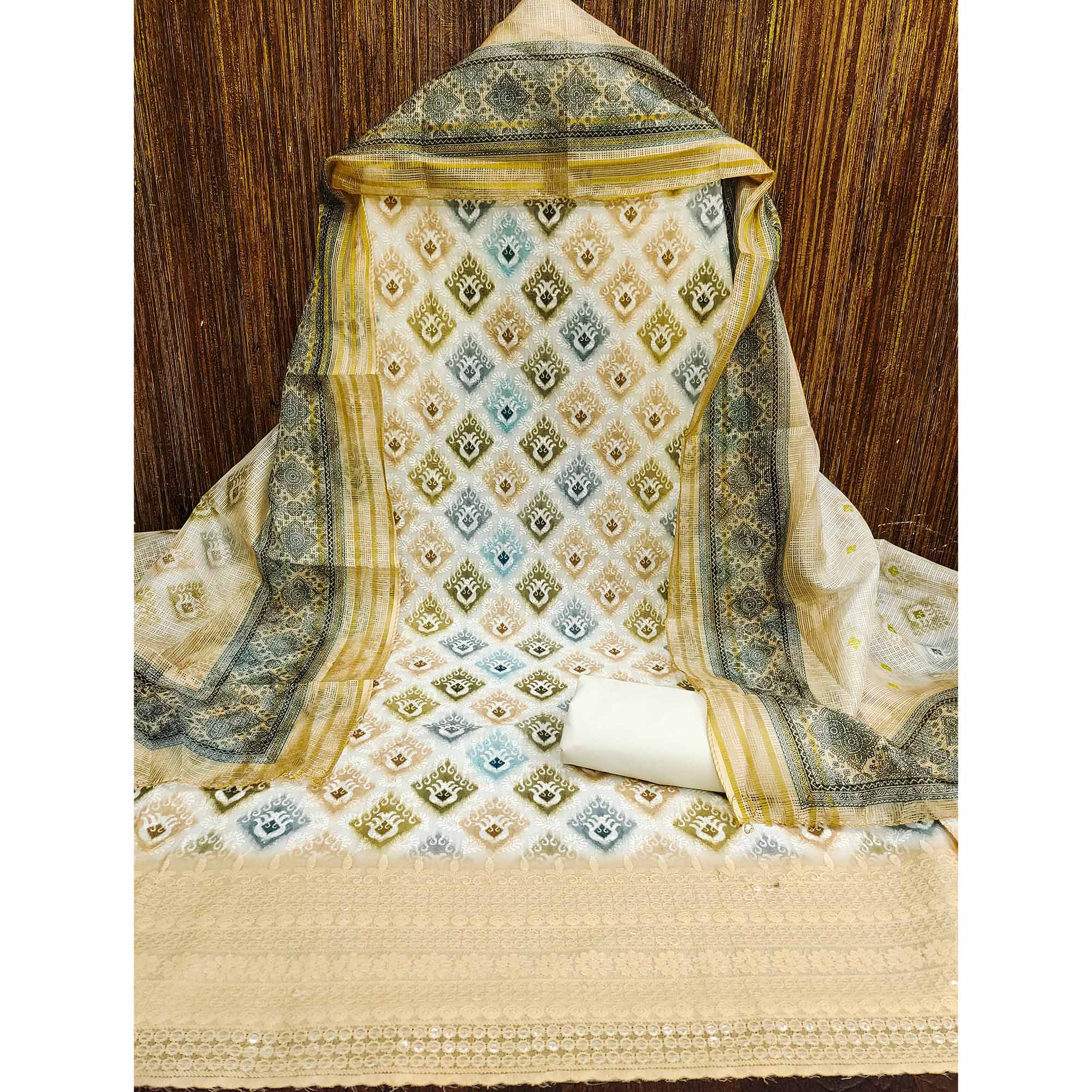 White & Cream Dress Material In Cotton Blend With Delicate Digital Print & Sifli Embroidery Work