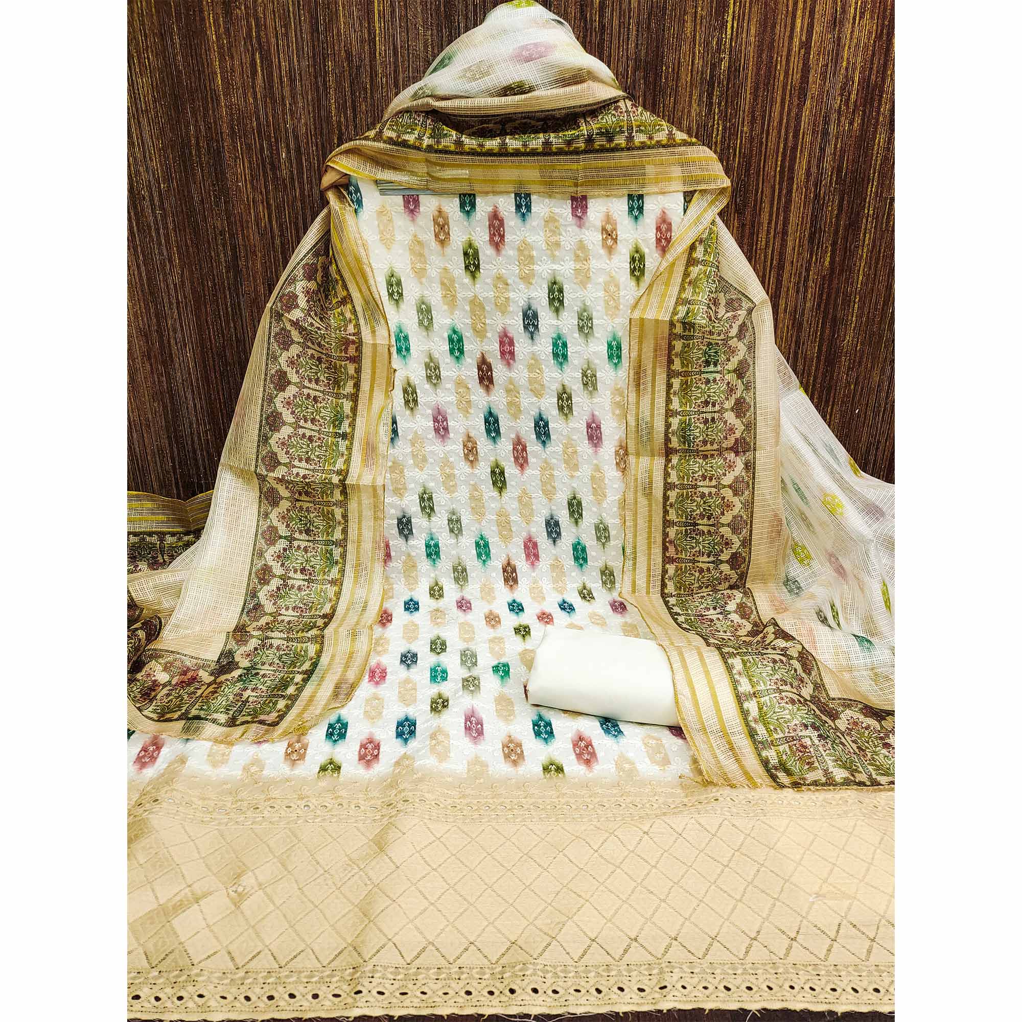 White & Pale Yellow Schiffli Embroidered Cotton Blend Dress Material With Digital Print