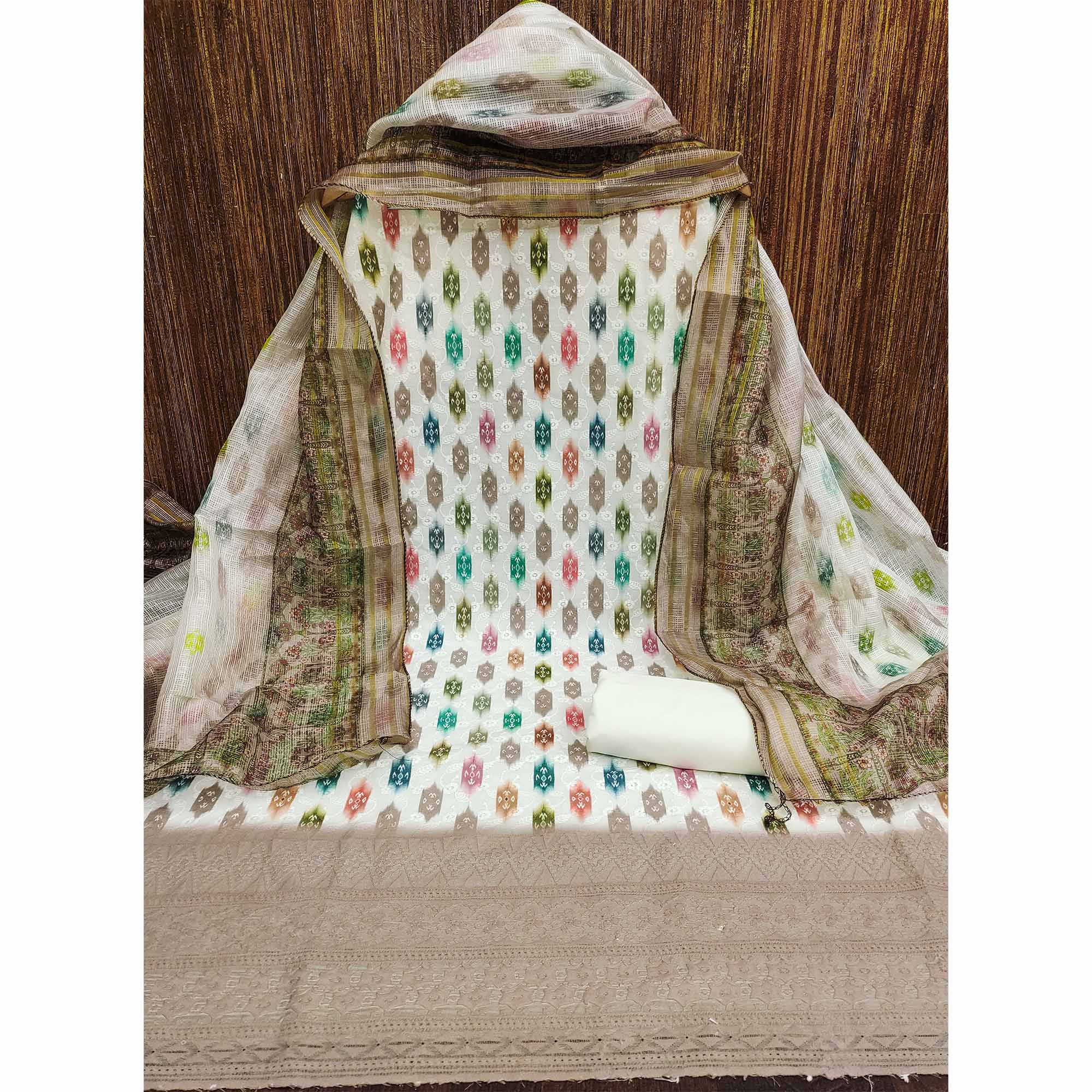 White & Taupe Schiffli Embroidered Cotton Blend Dress Material With Digital Print