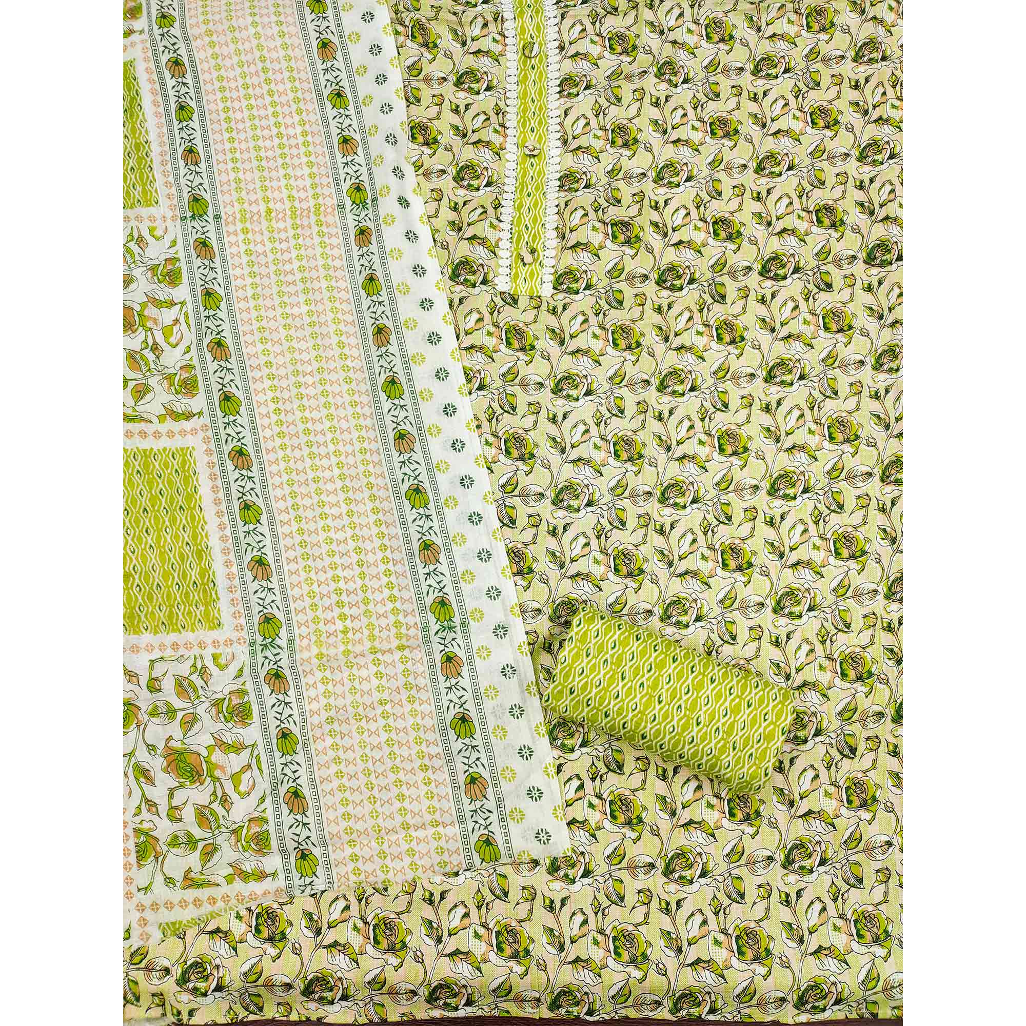 Green Floral Printed Cotton Blend Dress Material