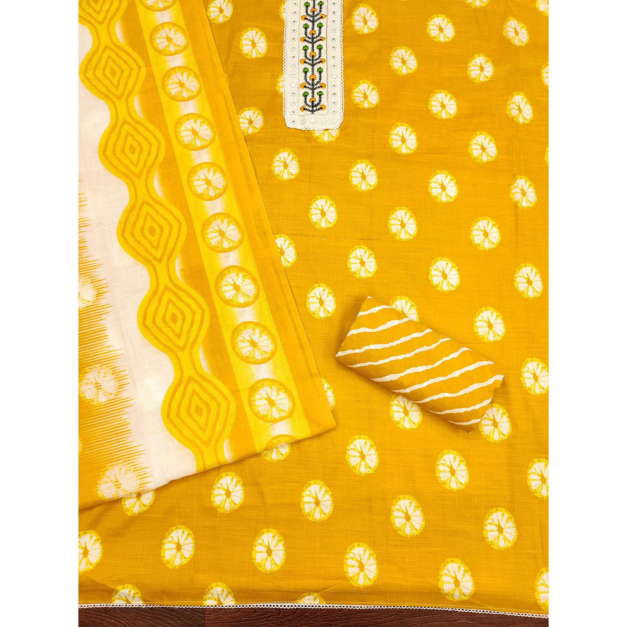 Yellow Printed With Embroidered Cotton Blend Dress Material