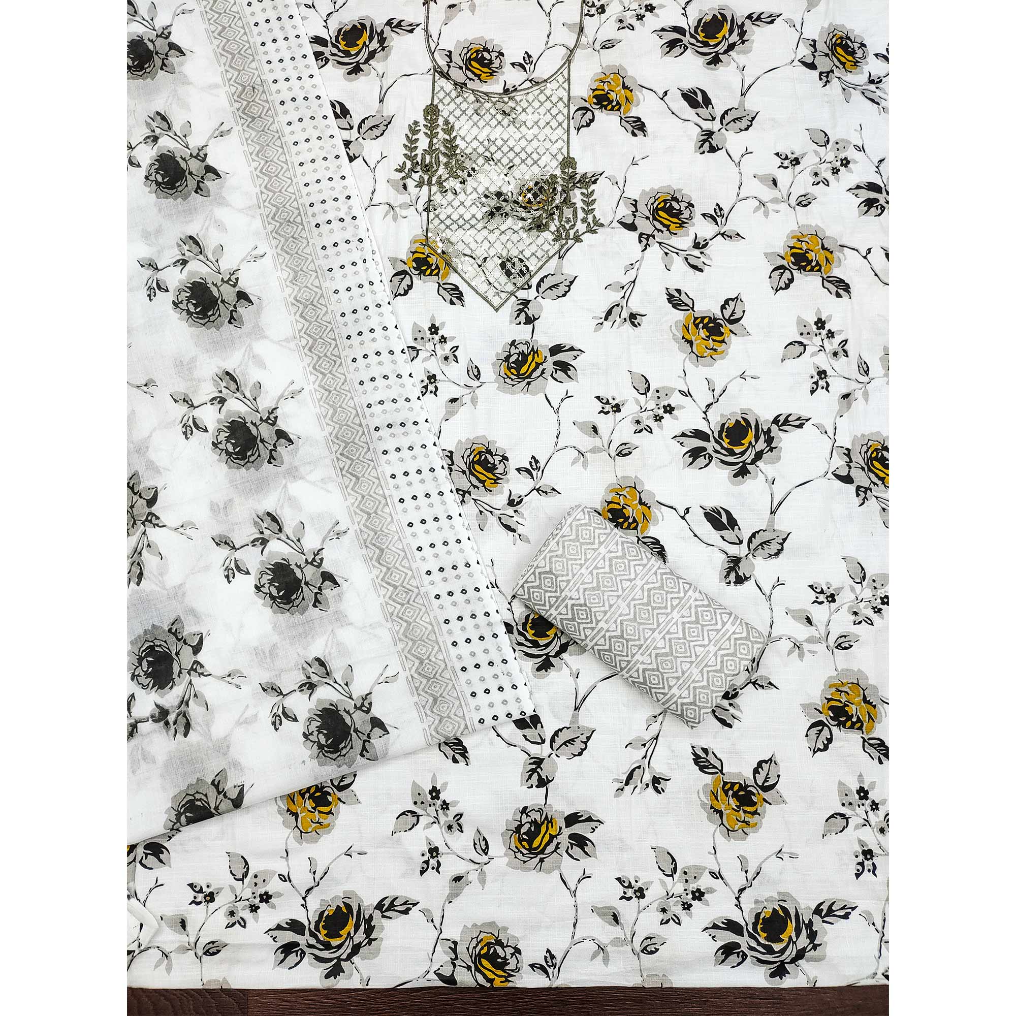 White & Grey Floral Printed With Sequins Work Cotton Blend Dress Material