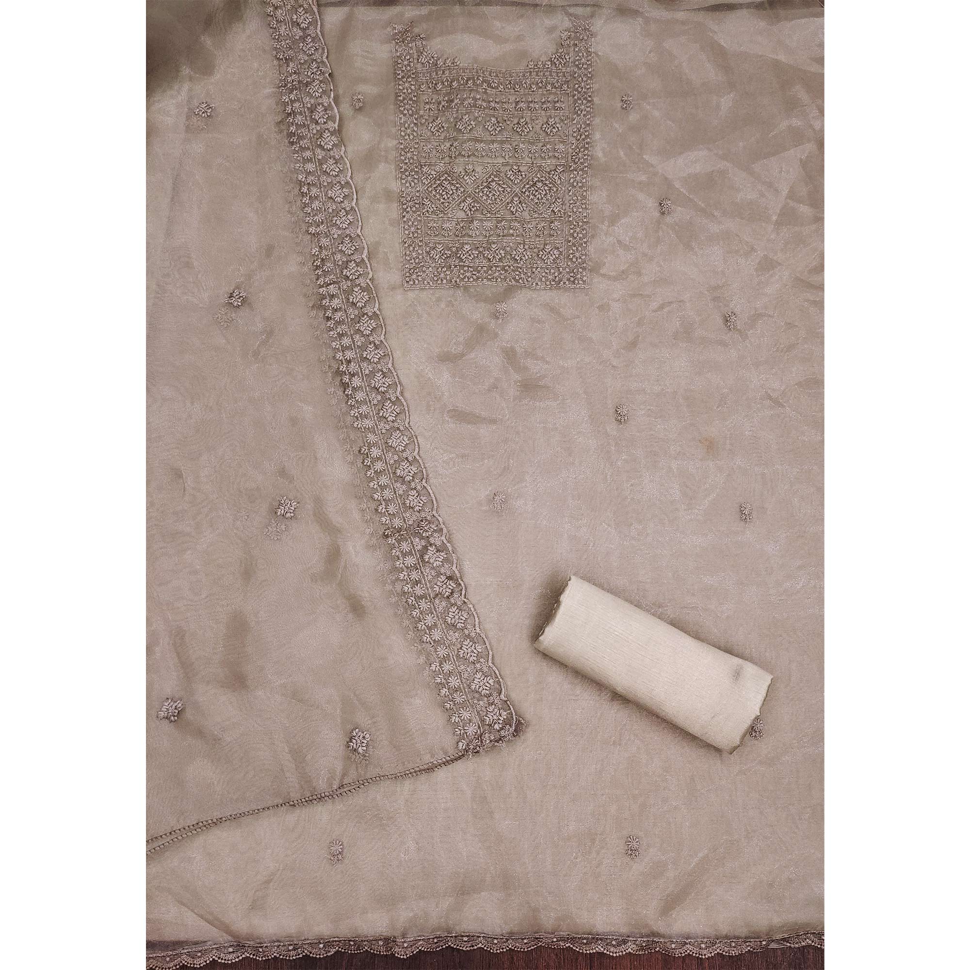 Taupe Organza Dress Material With Sequins & Floral Thread Embroidery