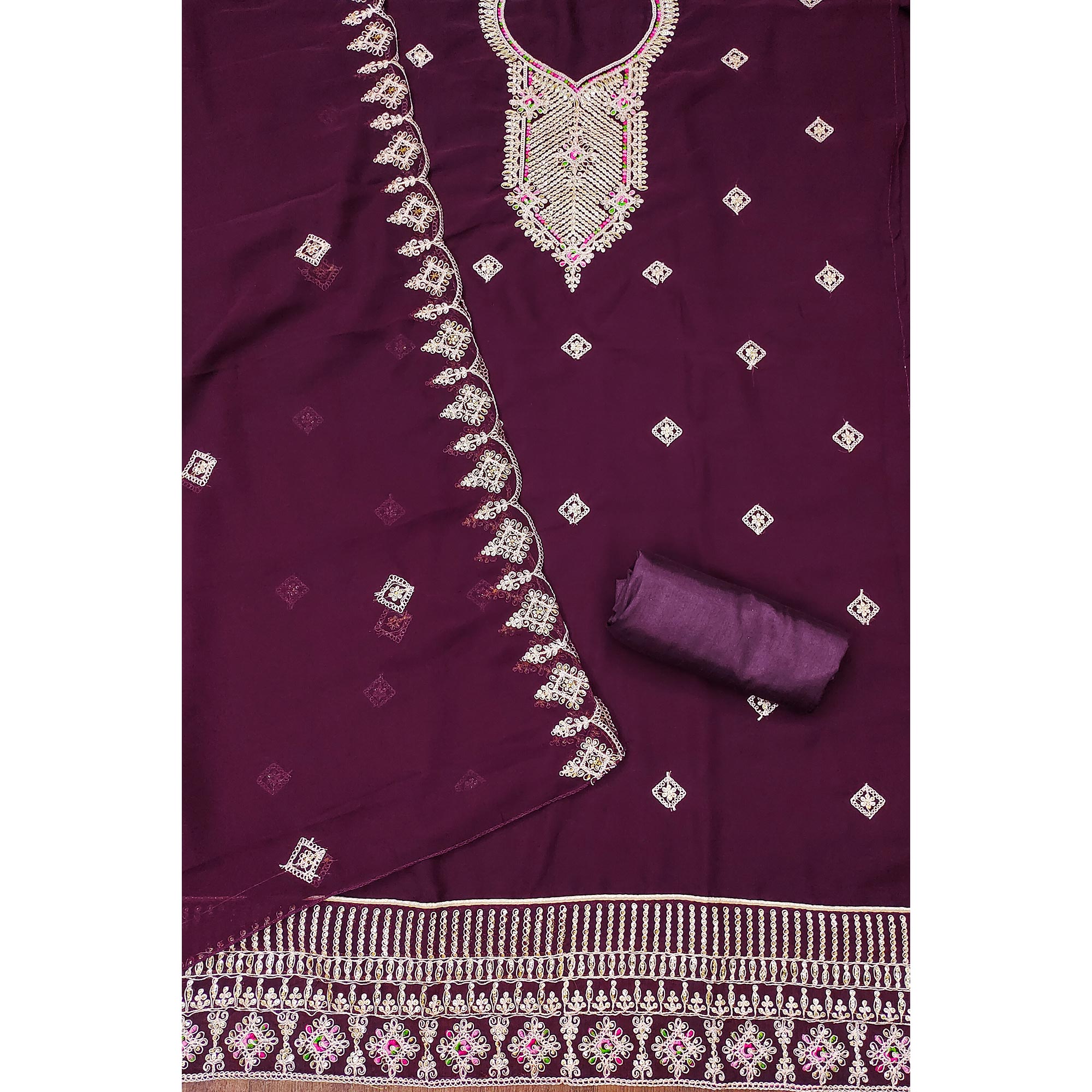 Purple Sequins Embroidered Georgette Dress Material