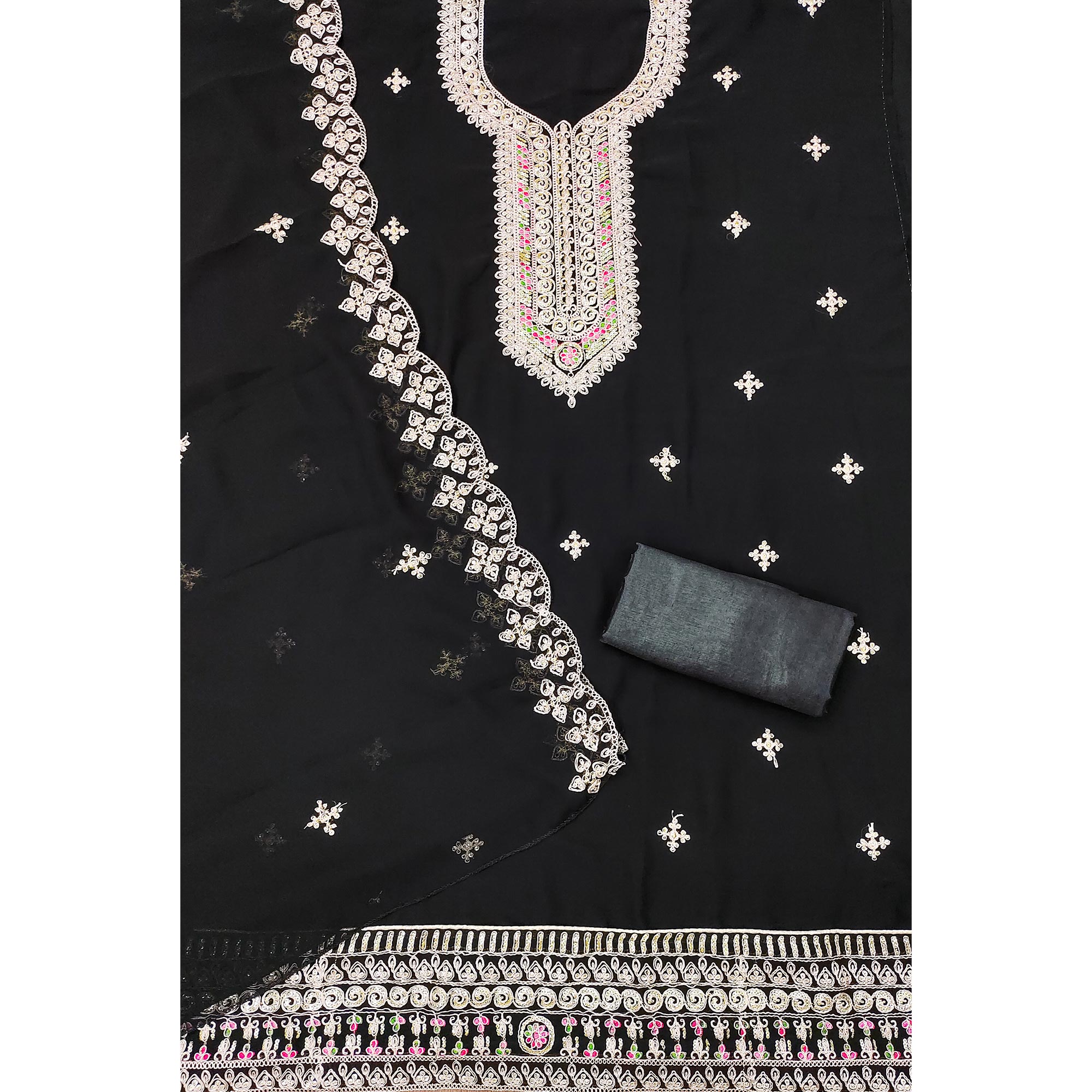 Black Floral Embroidered Georgette Dress Material