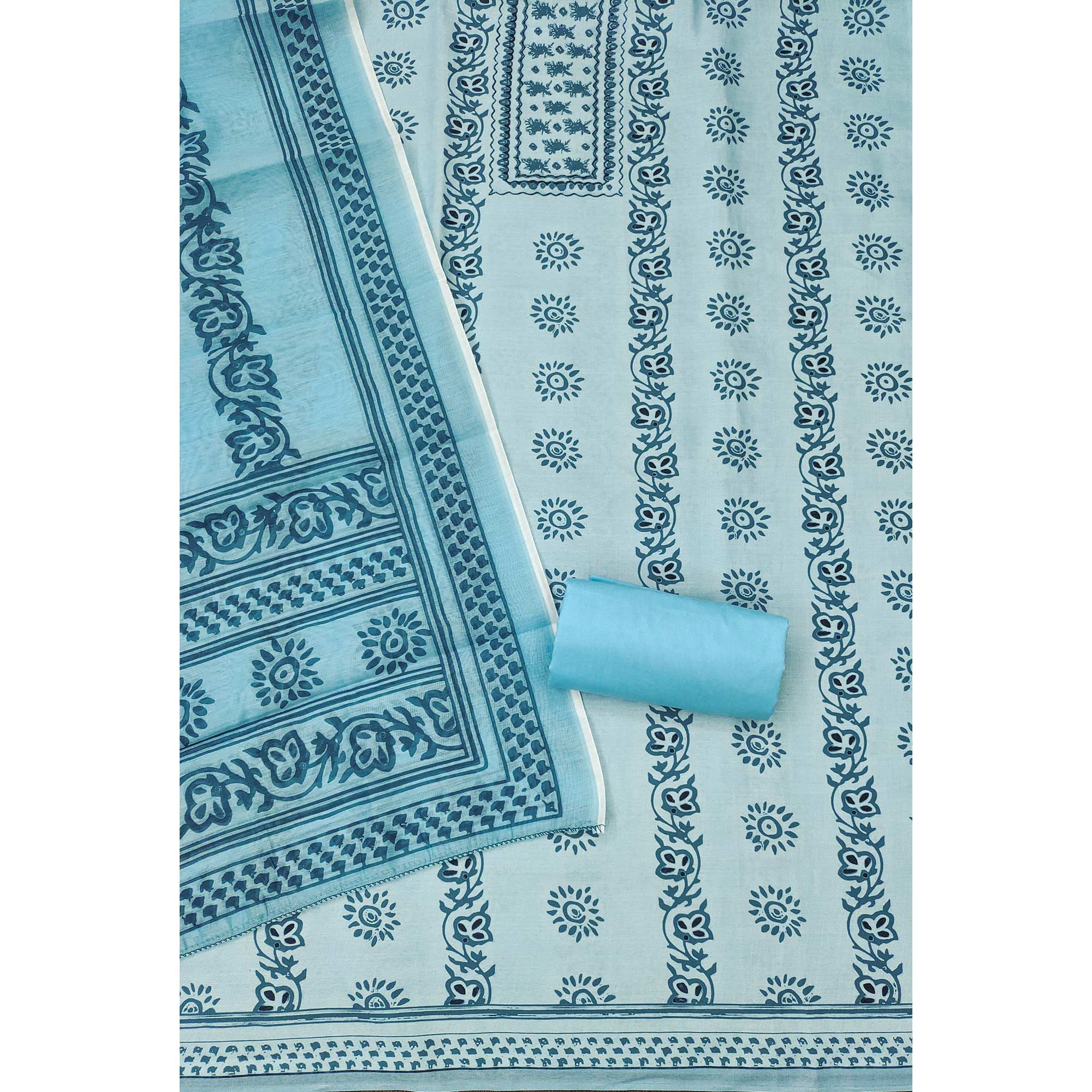 Blue Floral Printed Cotton Blend Dress Material