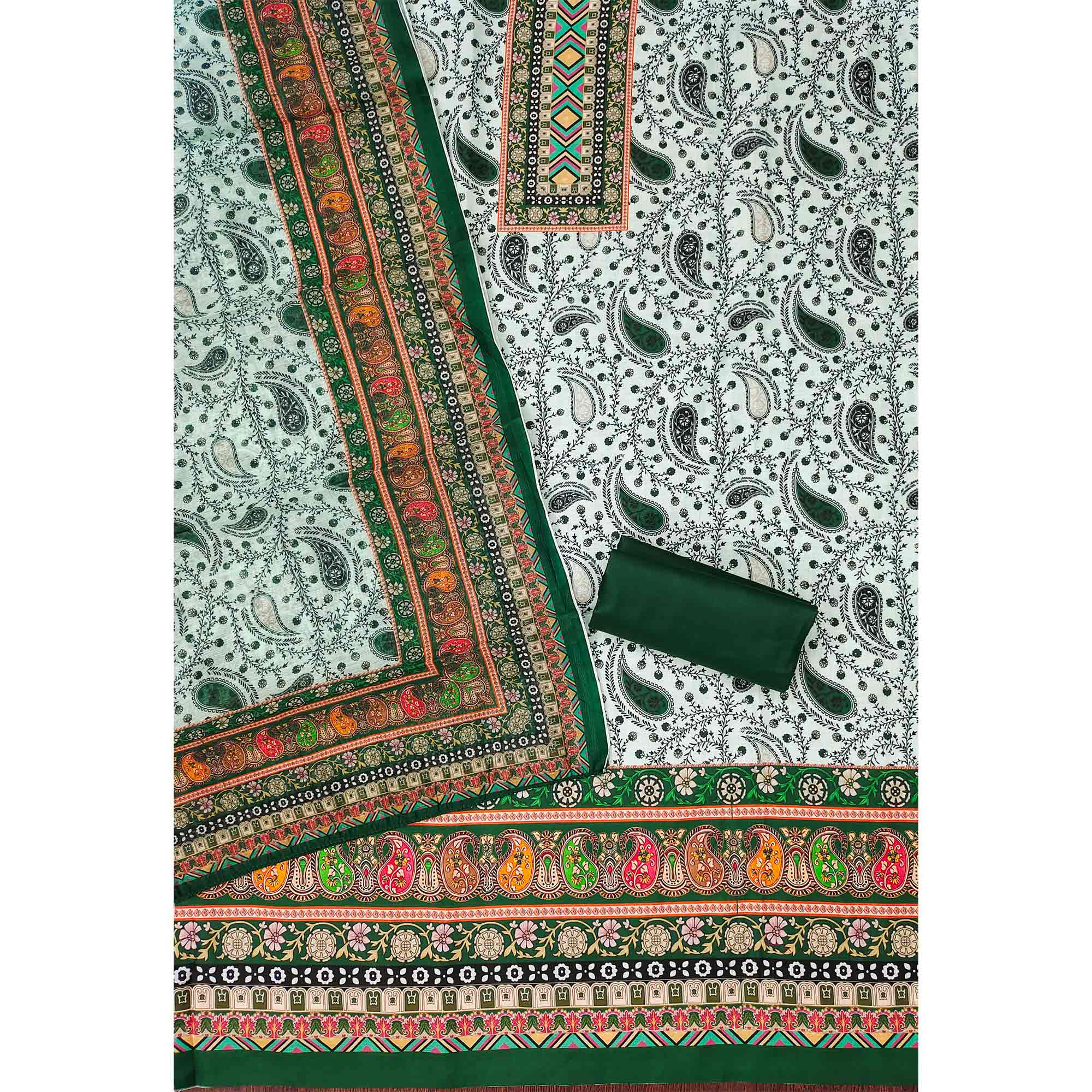 Green Floral Printed Cotton Blend Dress Material