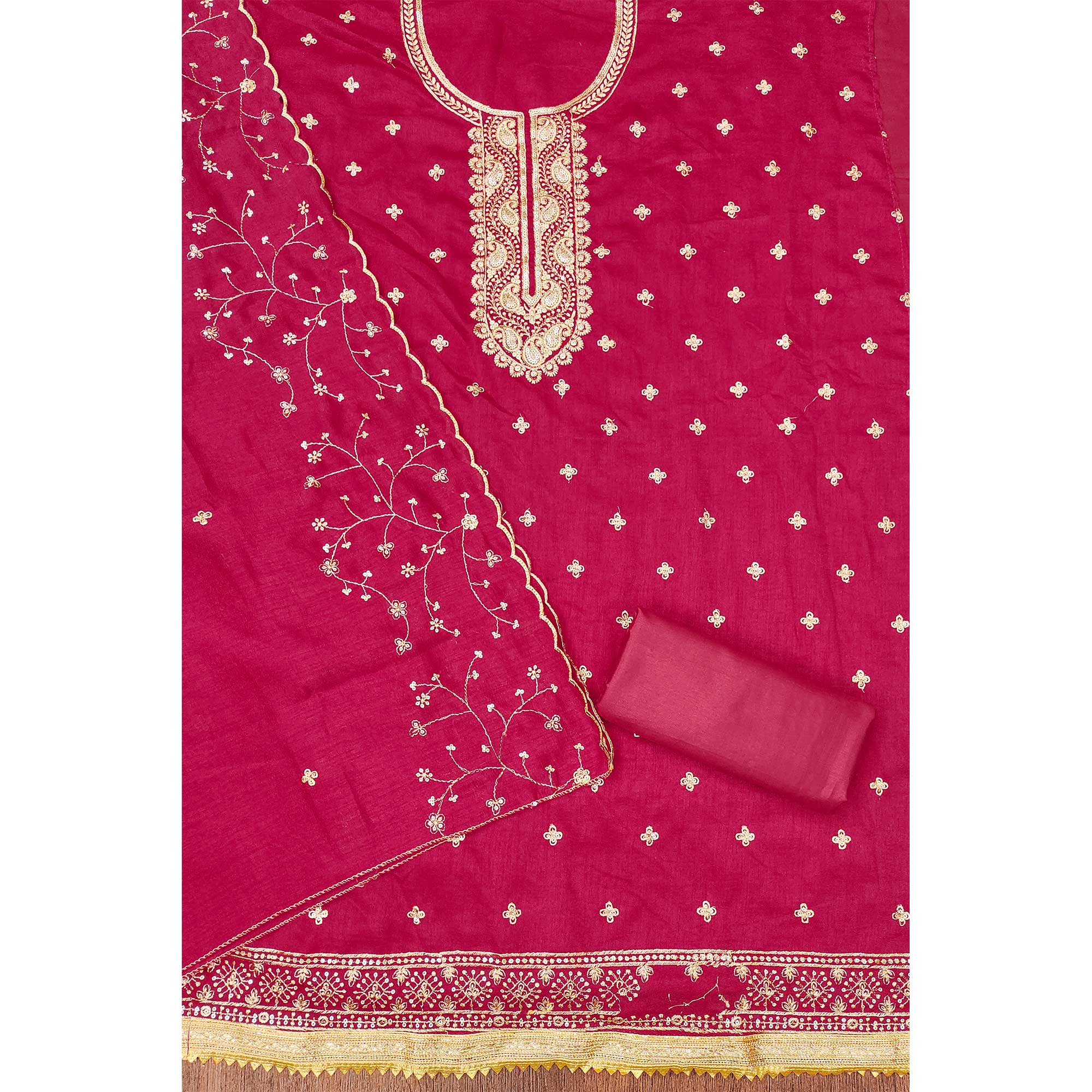 Pink Floral Embroidered Vichitra Silk Dress Material