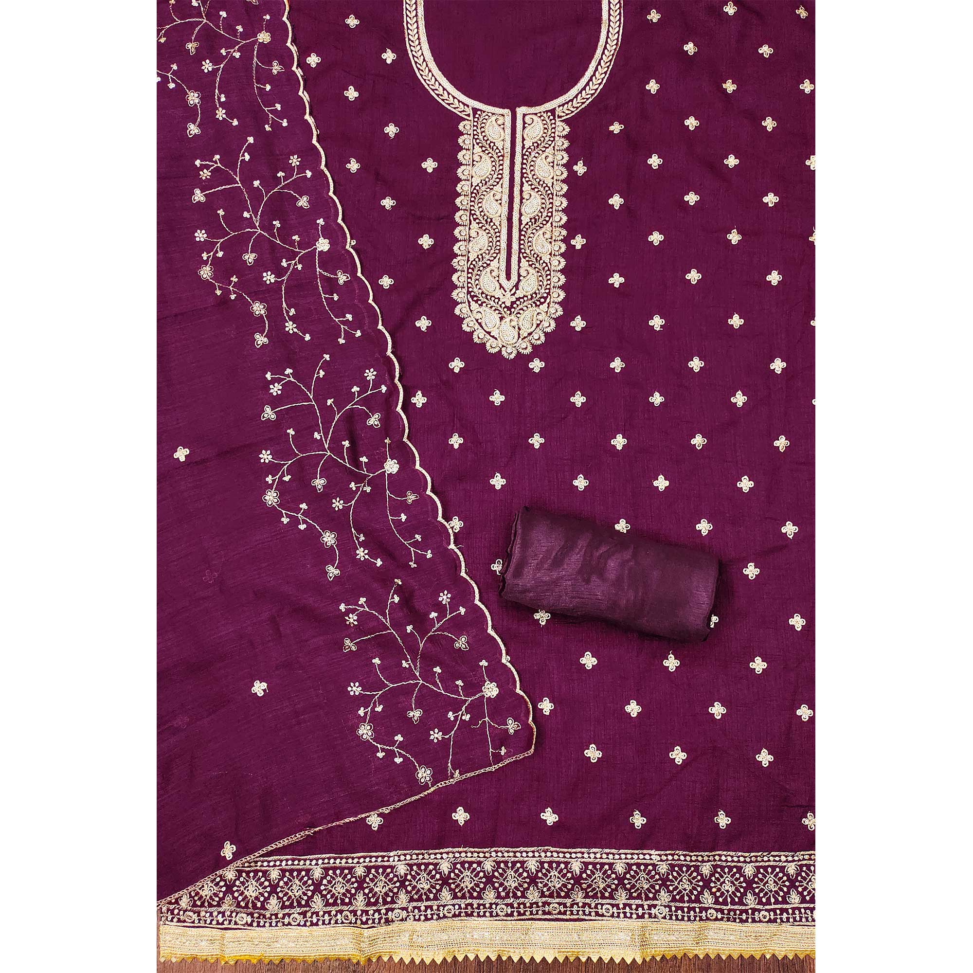 Purple Floral Embroidered Vichitra Silk Dress Material