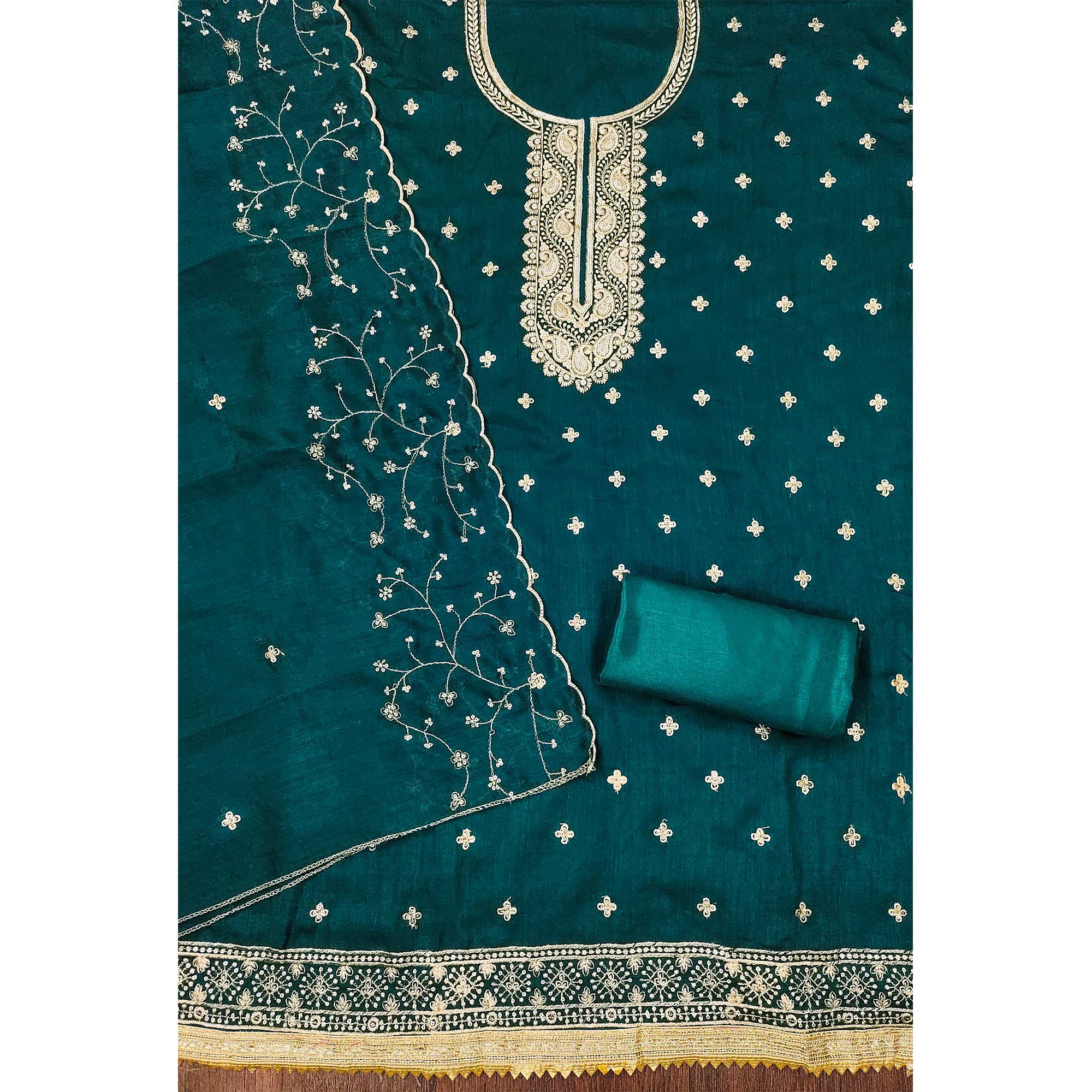 Teal Floral Embroidered Vichitra Silk Dress Material