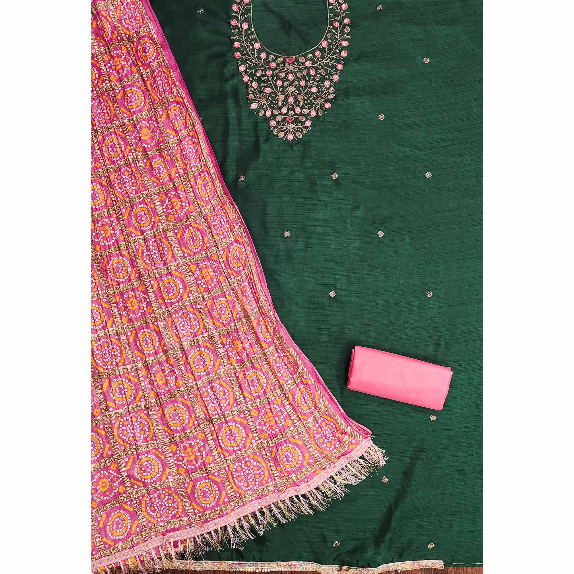 Green Floral Sequins Embroidered Cotton Blend Dress Material