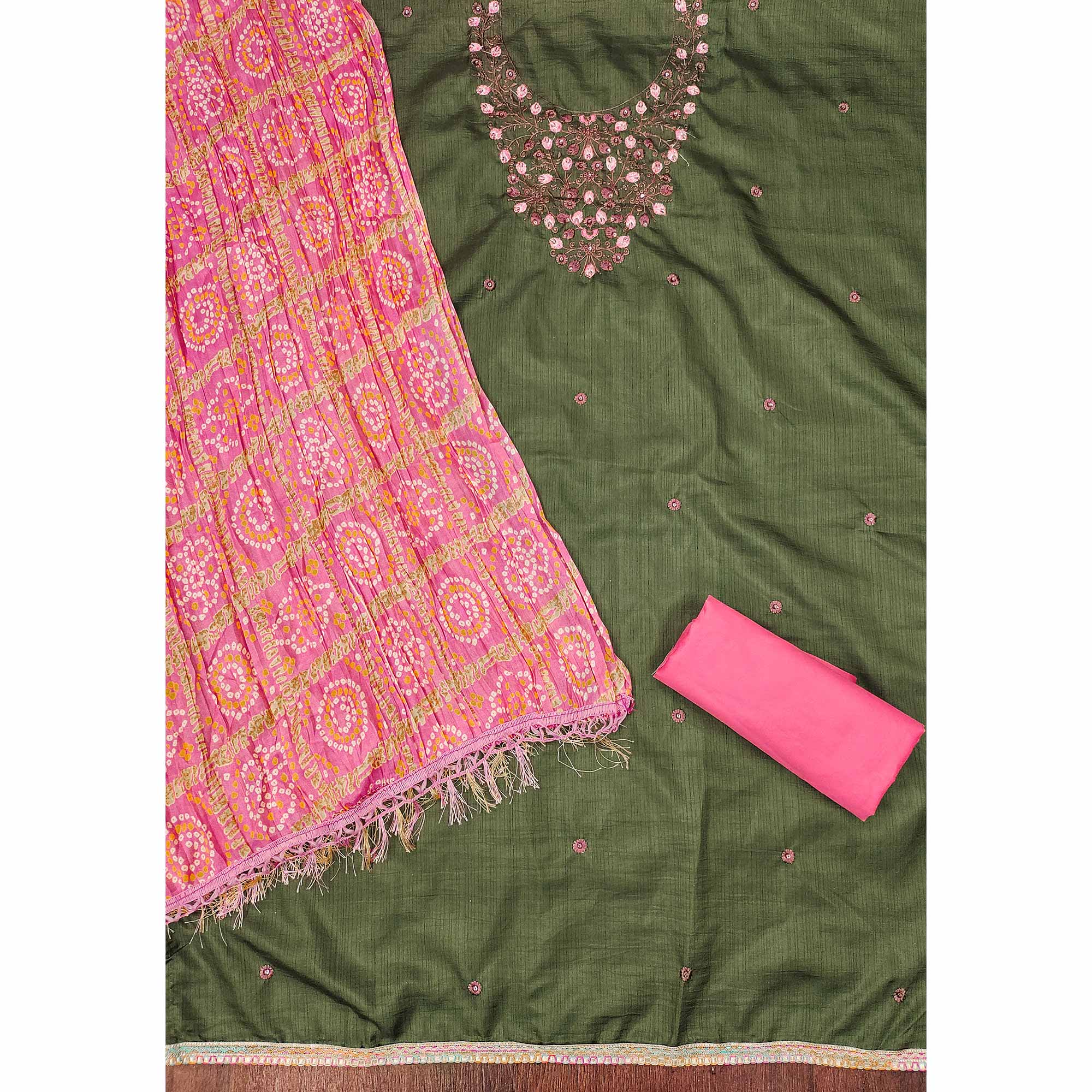 Mehendi Green Floral Sequins Embroidered Cotton Blend Dress Material