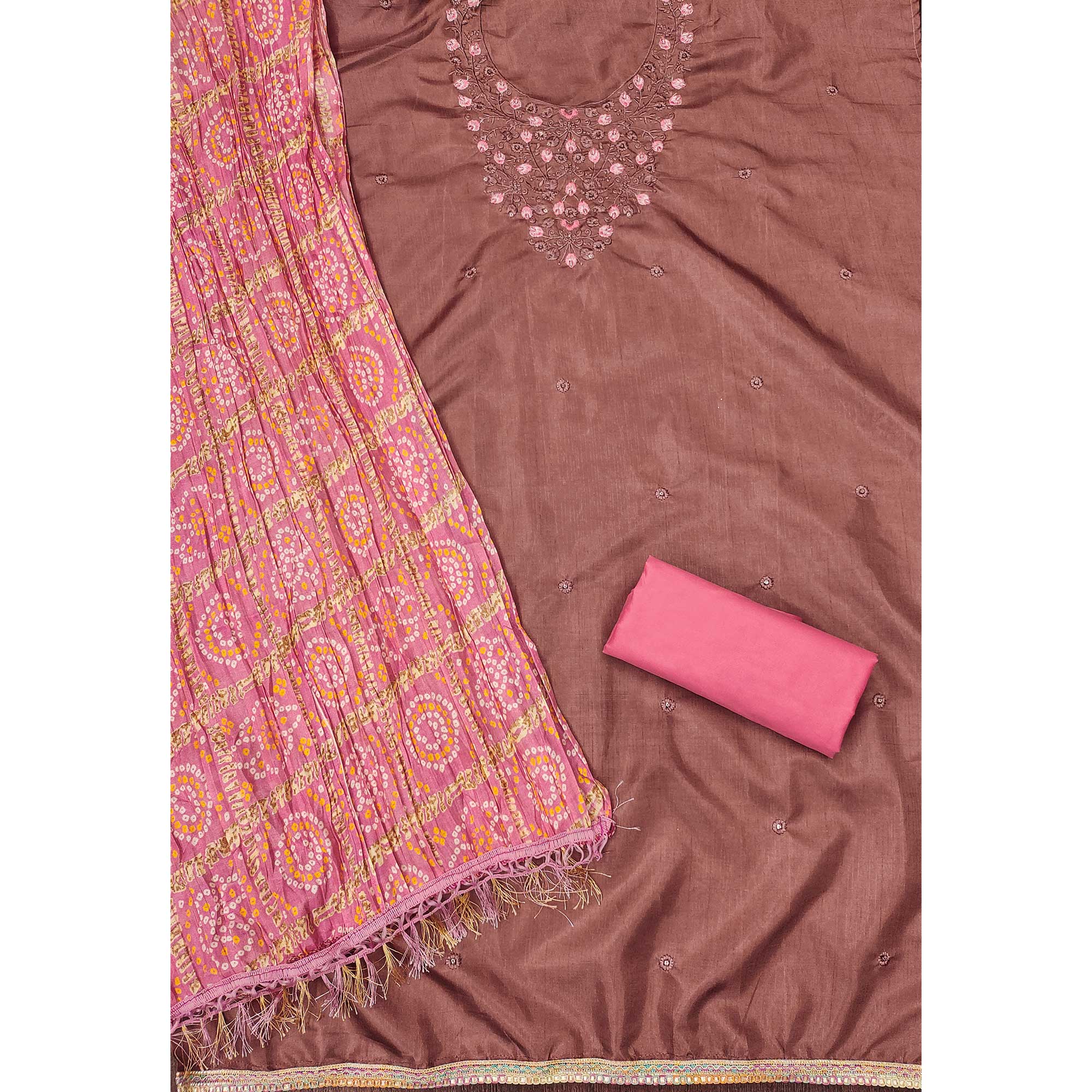 Rust Floral Sequins Embroidered Cotton Blend Dress Material