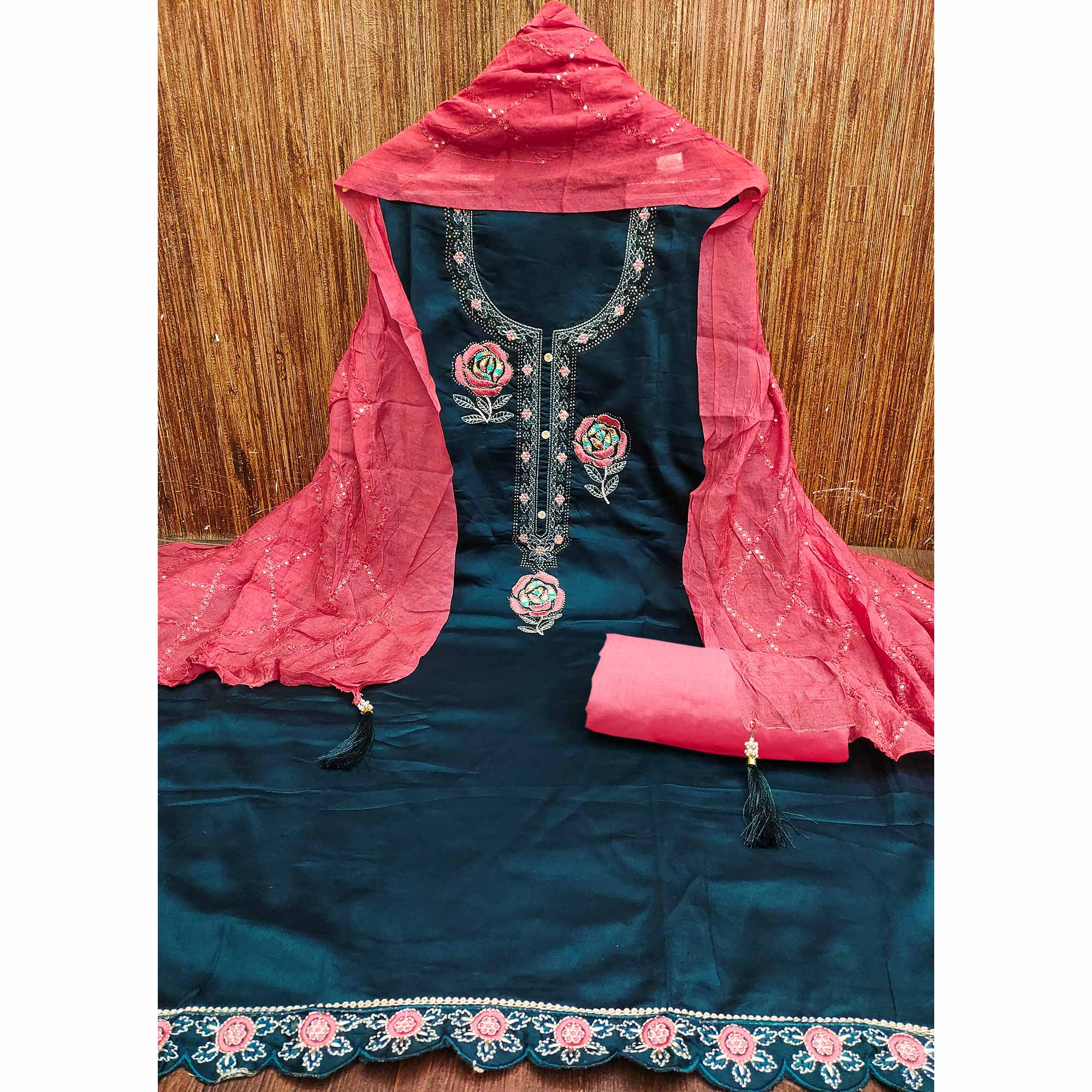 Dark Blue Pure Cotton Dress Material Adorned With Floral Embroidery & Sparkling Swarovski