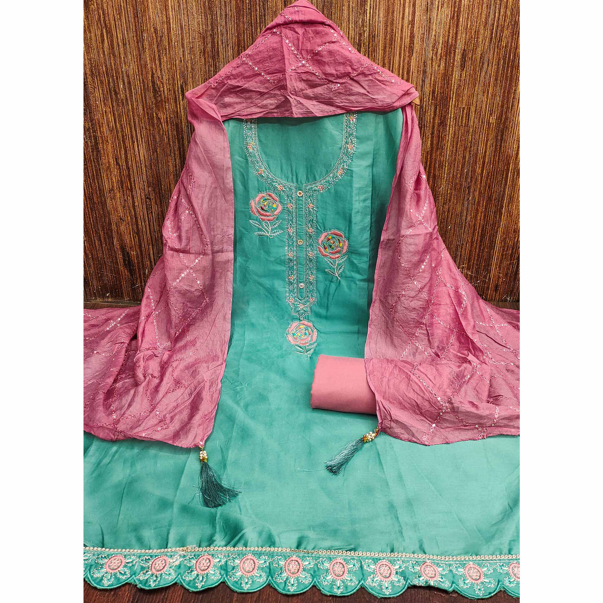 Turquoise Pure Cotton Dress Material Adorned With Floral Embroidery & Sparkling Swarovski