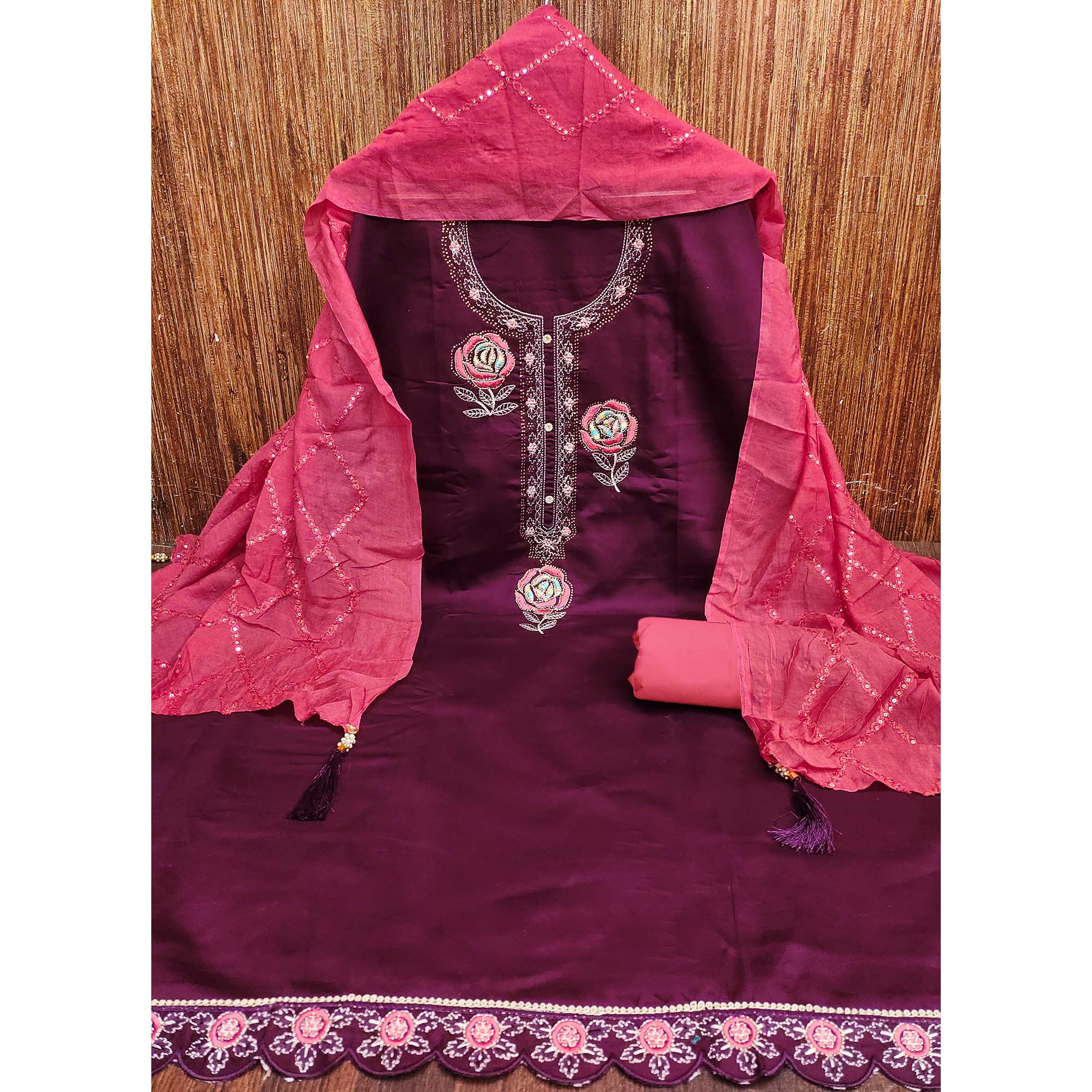 Wine Pure Cotton Dress Material Adorned With Floral Embroidery & Sparkling Swarovski