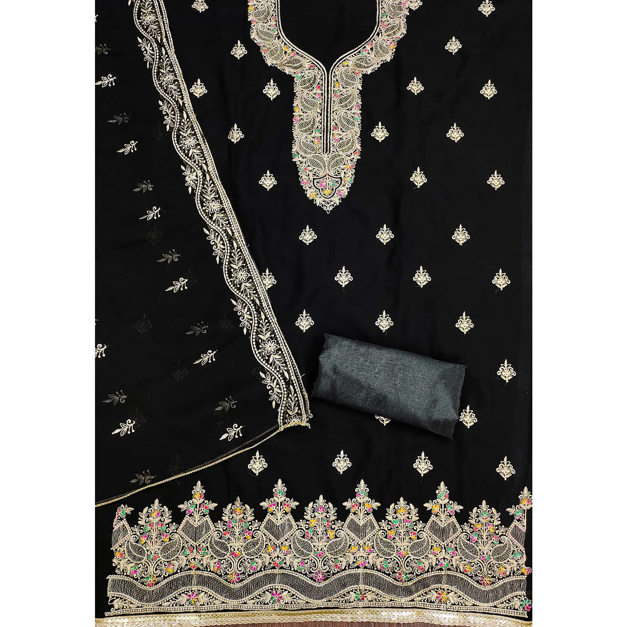 Black Floral Embroidered Georgette Dress Material