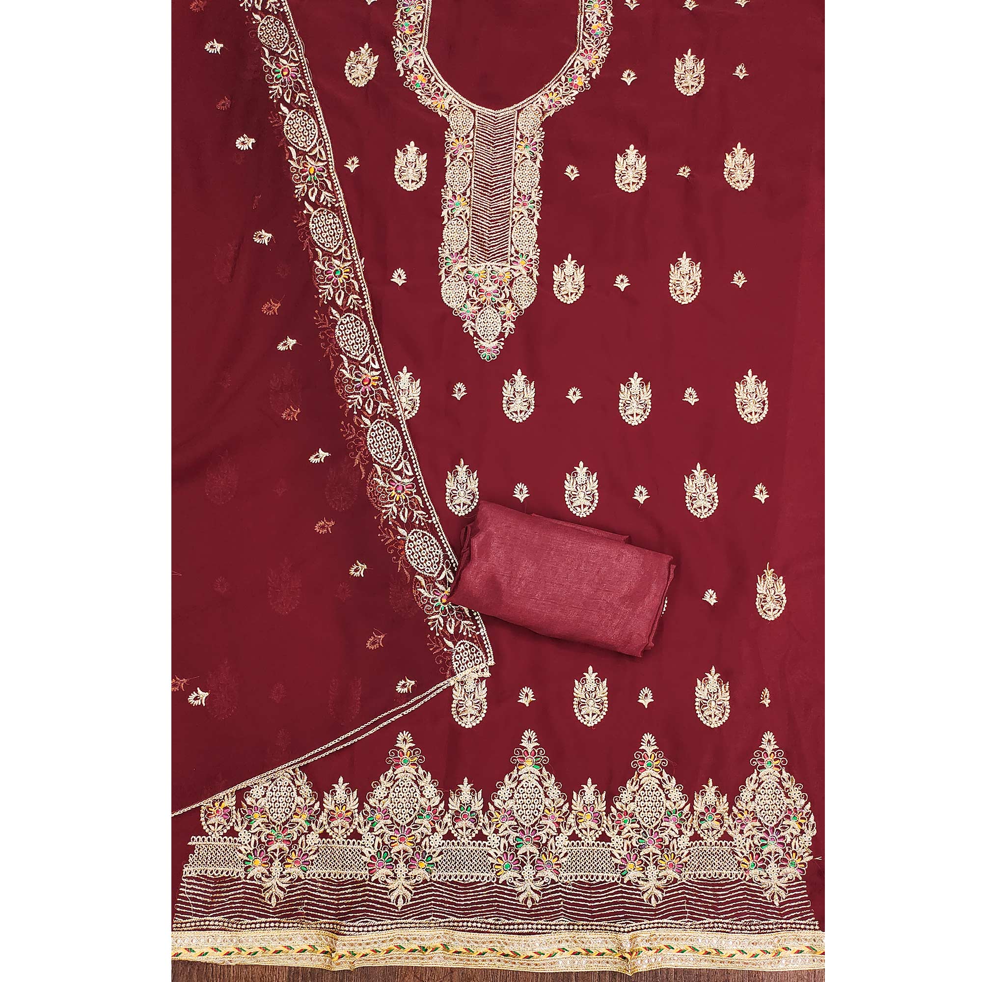 Maroon Floral Embroidered Georgette Dress Material