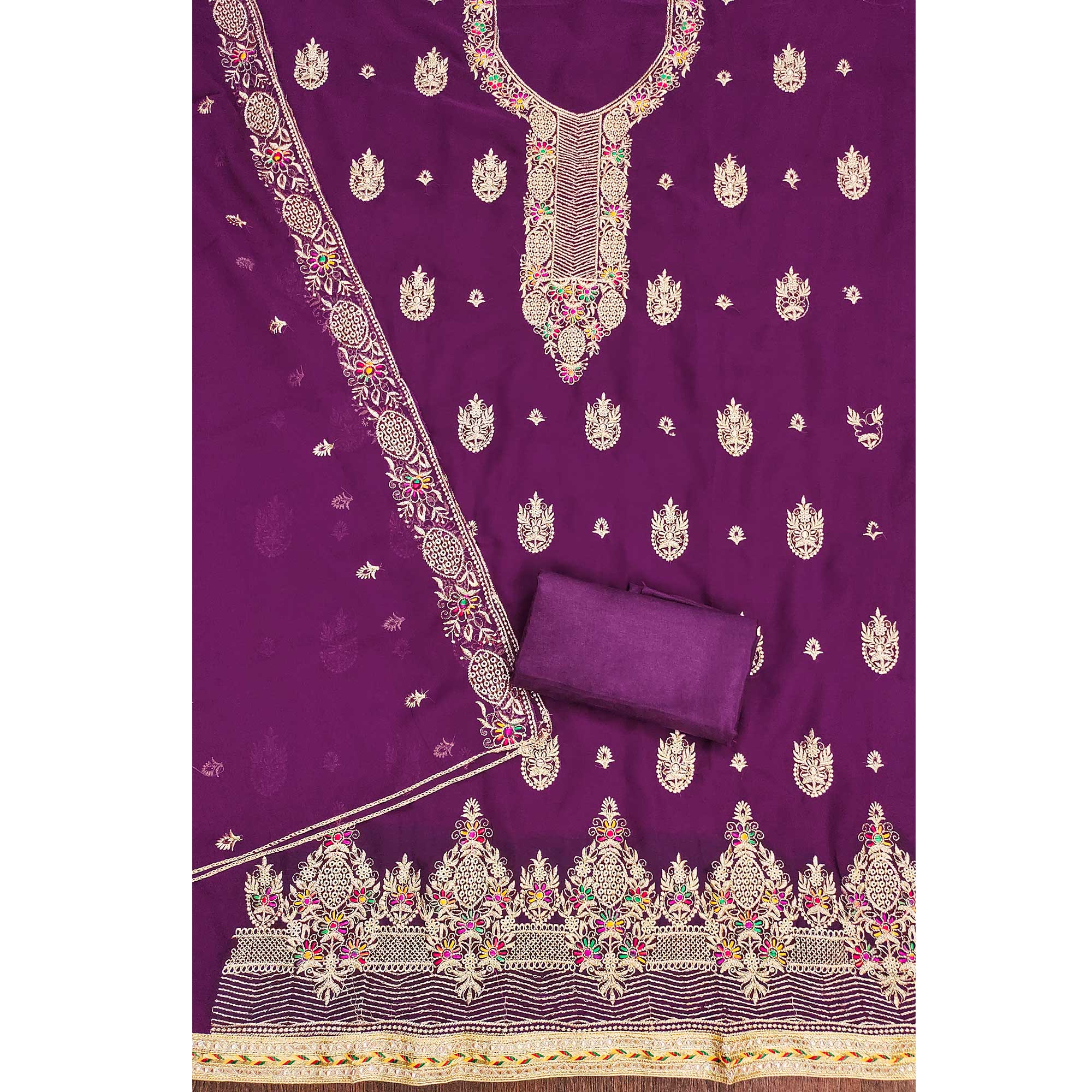 Purple Floral Embroidered Georgette Dress Material