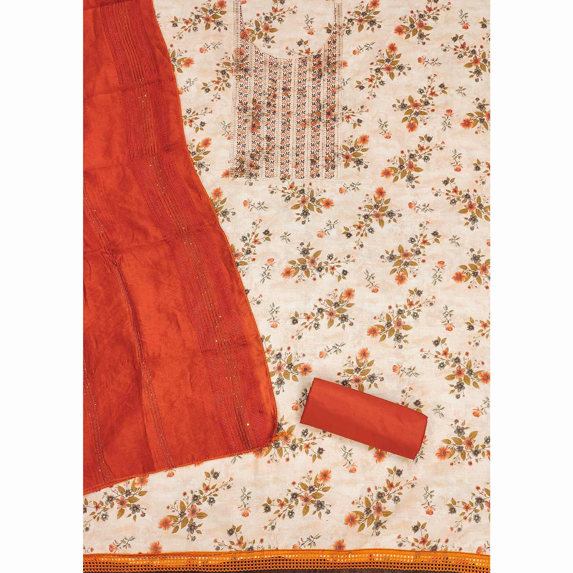White & Orange Cotton Blend Dress Material With Floral Digital Print & Embroidery
