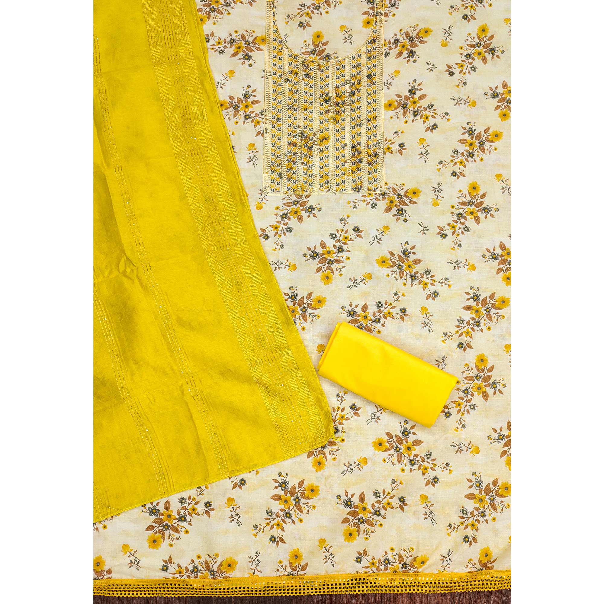 White & Yellow Cotton Blend Dress Material With Floral Digital Print & Embroidery