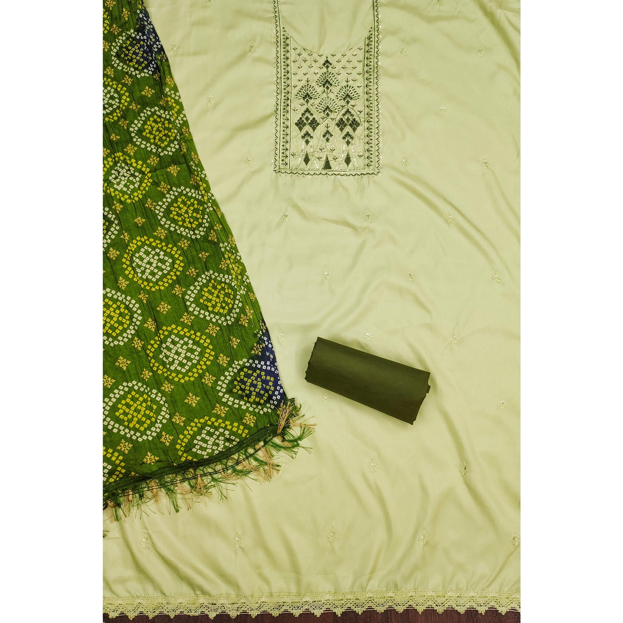 Green Cotton Silk Dress Material With Delicate Floral Sequin Embroidery