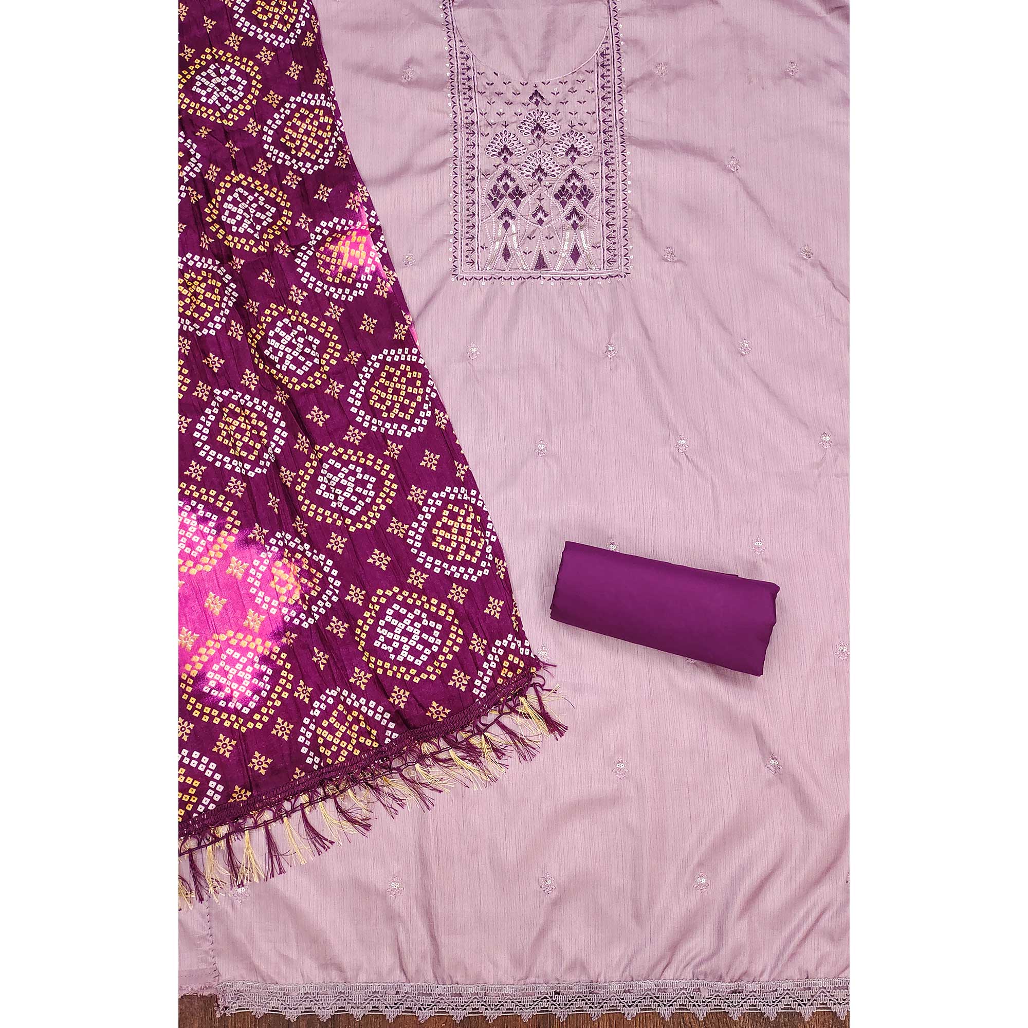 Lavender Cotton Silk Dress Material With Delicate Floral Sequin Embroidery